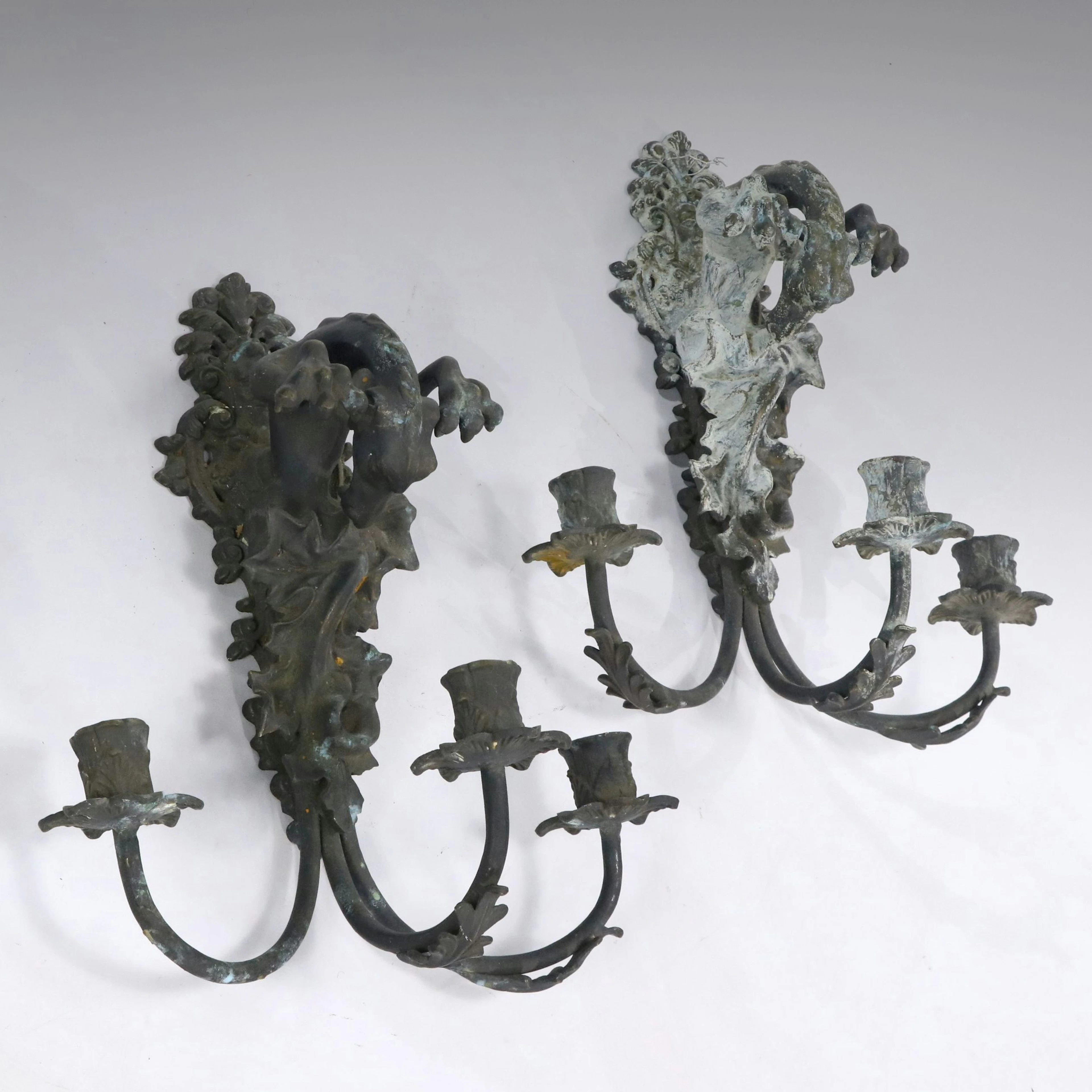Pair of Gothic Revival Patinated Bronze Dragon Three-Light Wall Candle Sconces