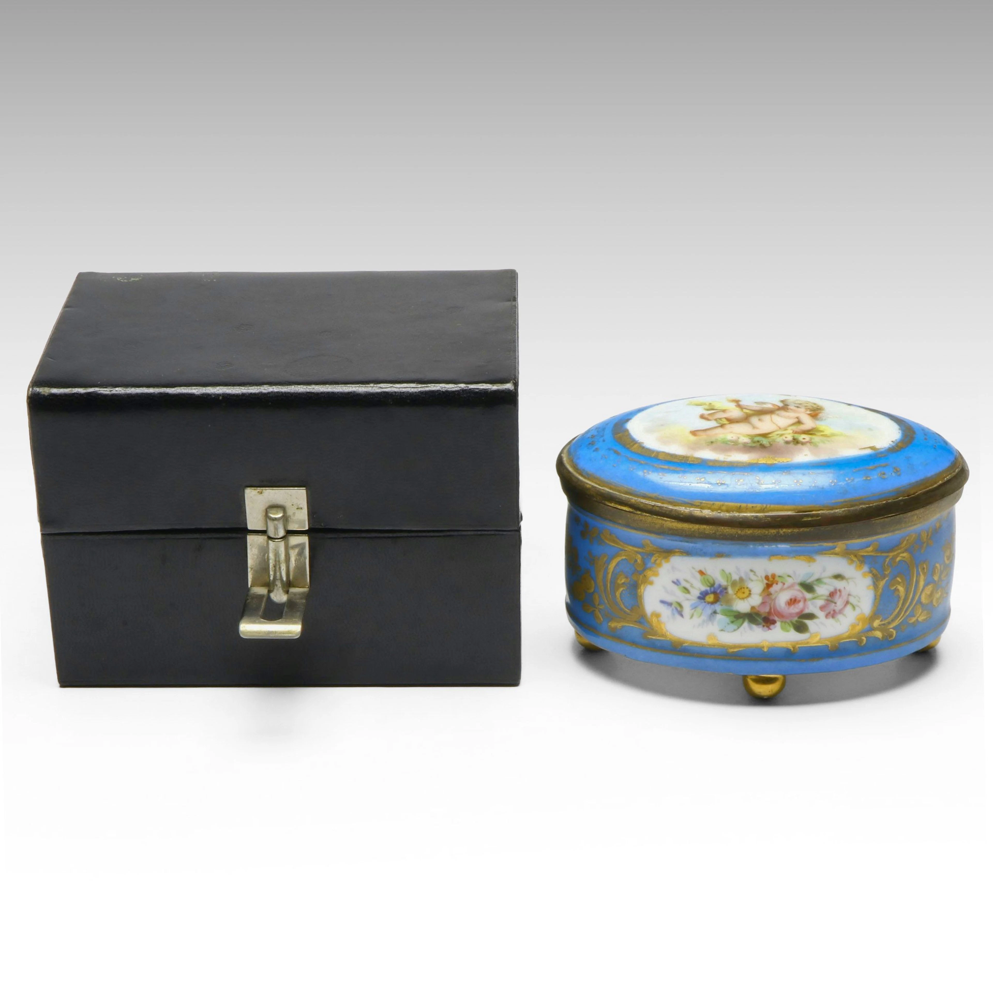 Sèvres Style Painted Enamel Box and French Leather Vanity Set