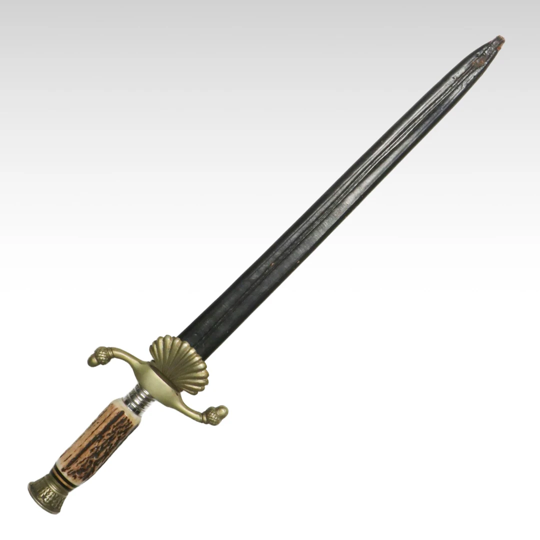 German "Hirschfänger" Antler Handle Hunting Dagger with Leather Scabbard