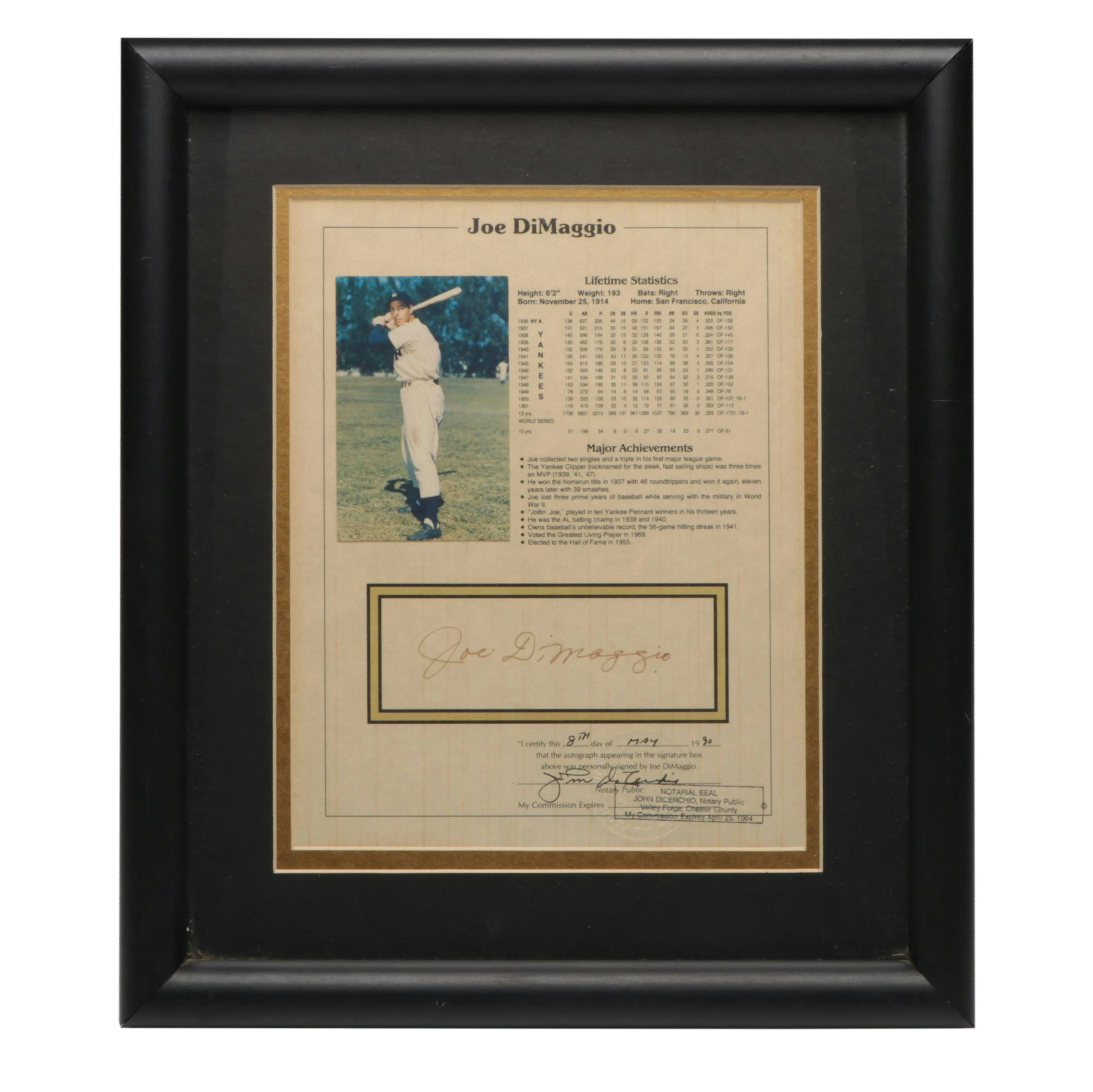 Joe DiMaggio Signed New York Yankees Piece