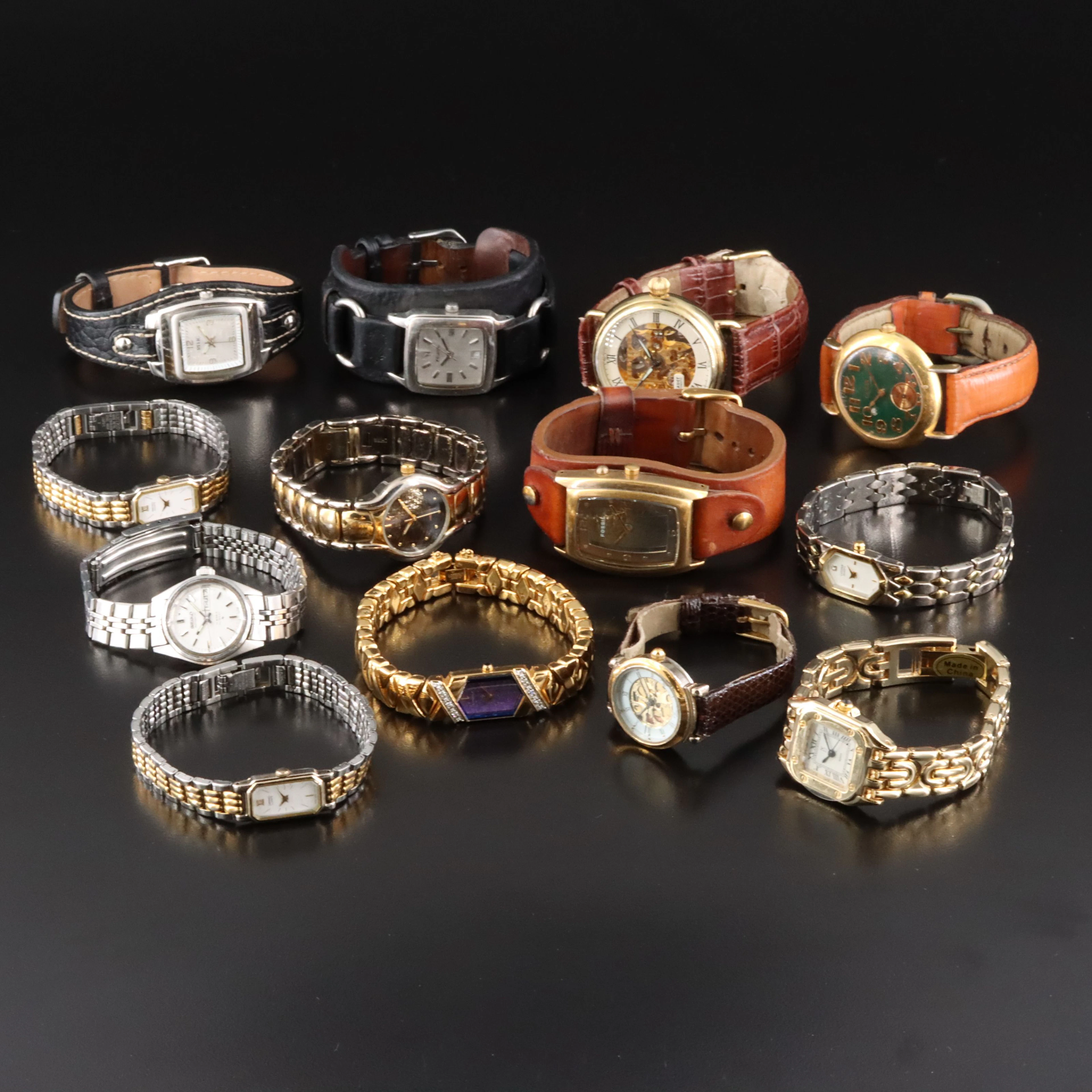 Collection of Quartz and Automatic Dress Watches Featuring Fossil and Stauer