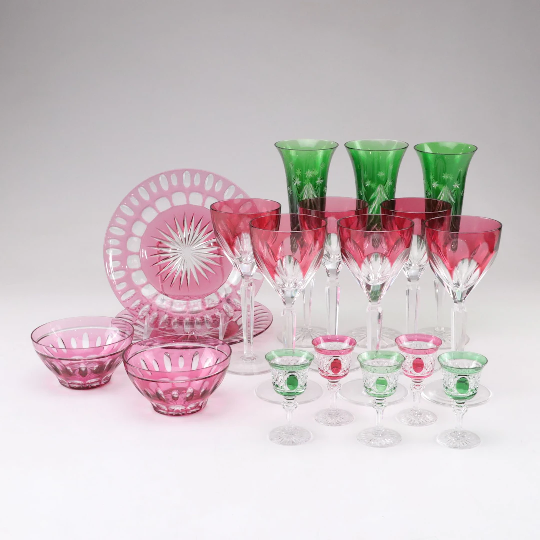 Emerald and Cranberry Cut to Clear Champagne Flutes, Wine Glasses, and More