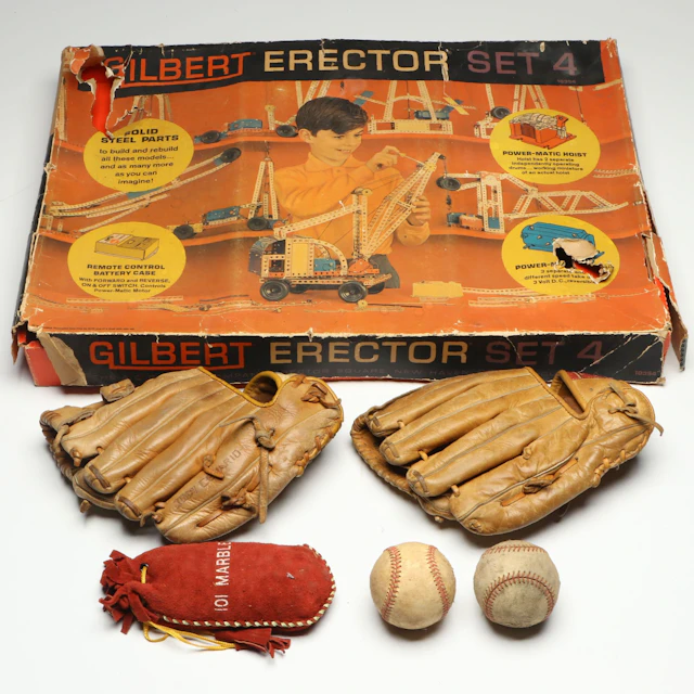 Gilbert Erector Set, Rawlings Baseball Glove, Glass Marbles and More, Vintage