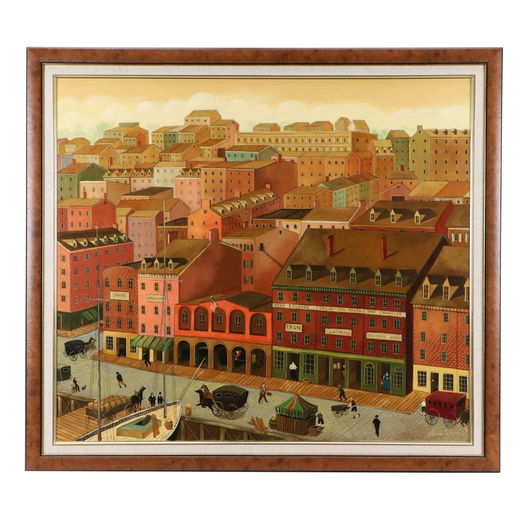 Steve L. Cull Folk Art Cityscape Oil Painting, Late 20th Century