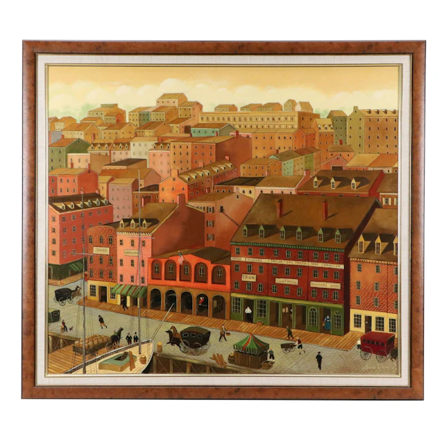 Steve L. Cull Folk Art Cityscape Oil Painting, Late 20th Century