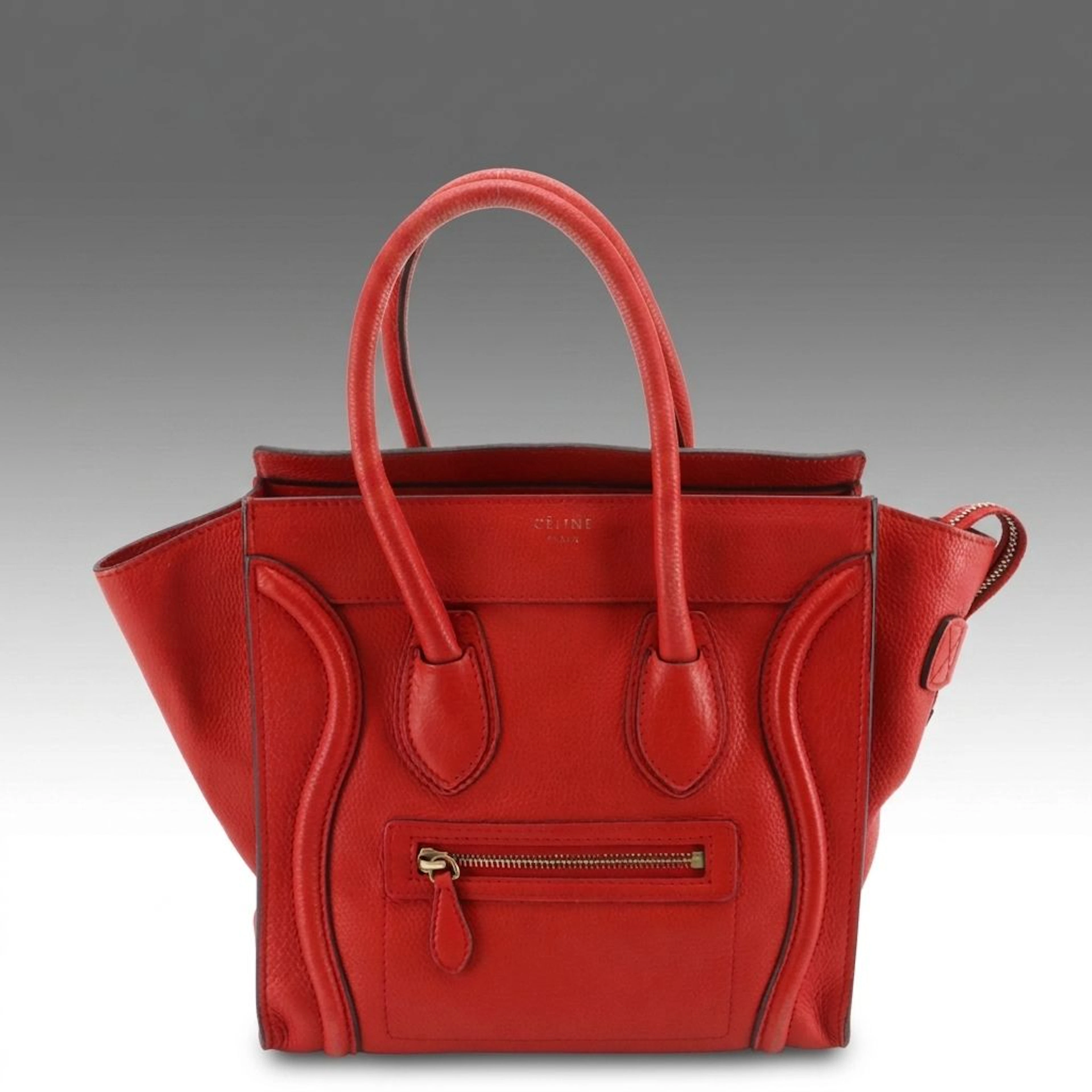 Céline Red Calfskin Grain Leather Luggage Mini Shopper Tote Bag