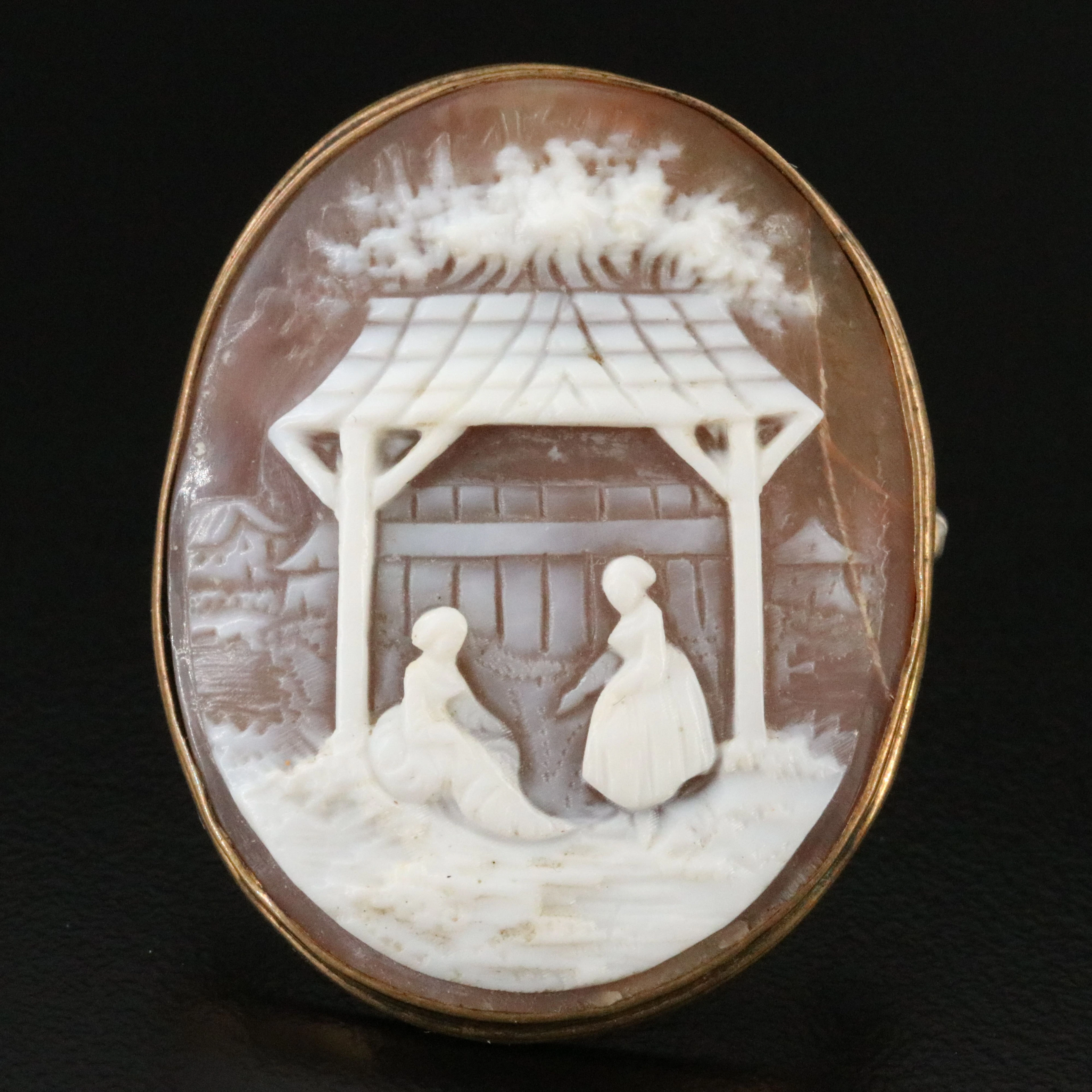 Vintage Scenic Shell Cameo Converter Brooch