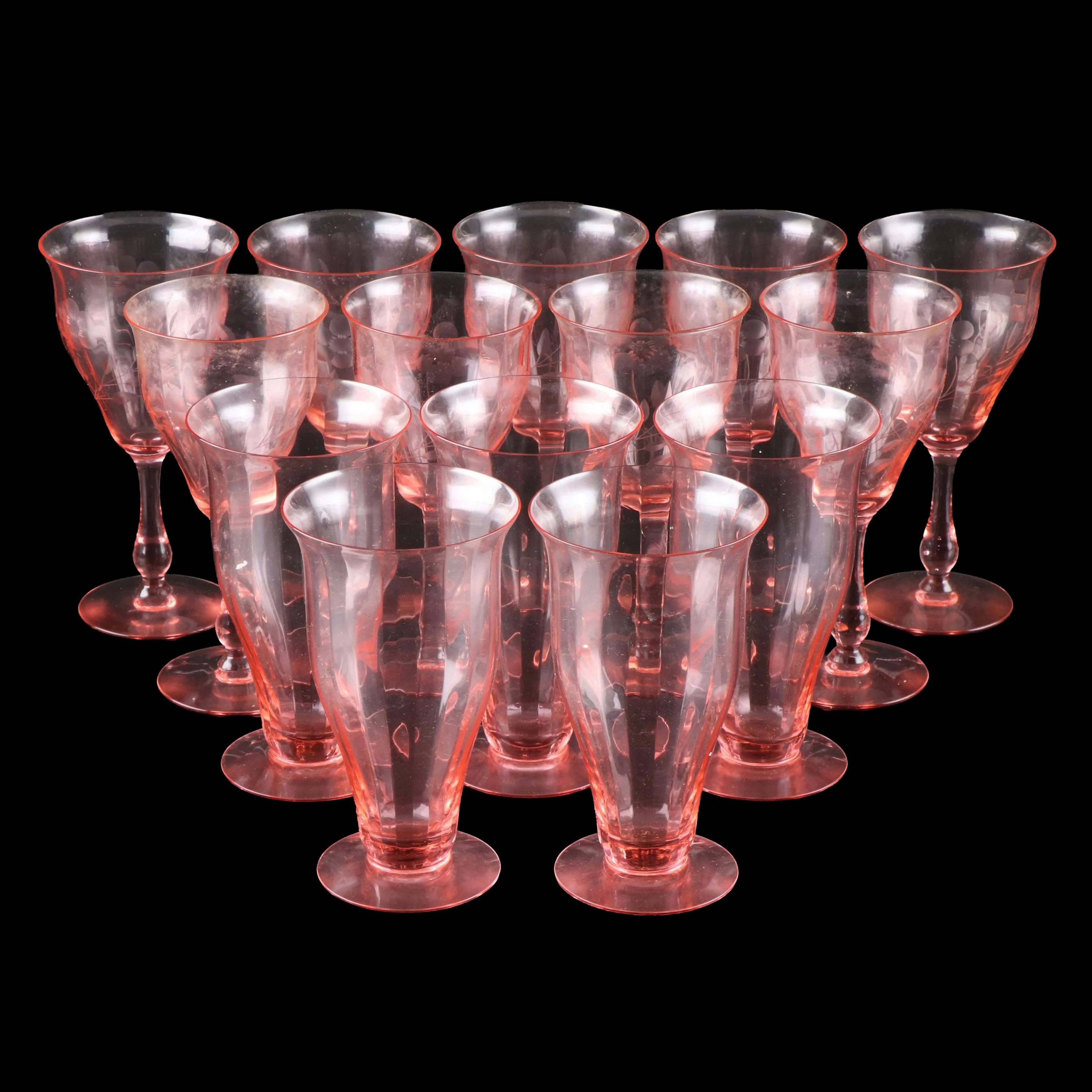 Fry Ribbed Pink Depression Glass Iced Tea Glasses and Water Goblets