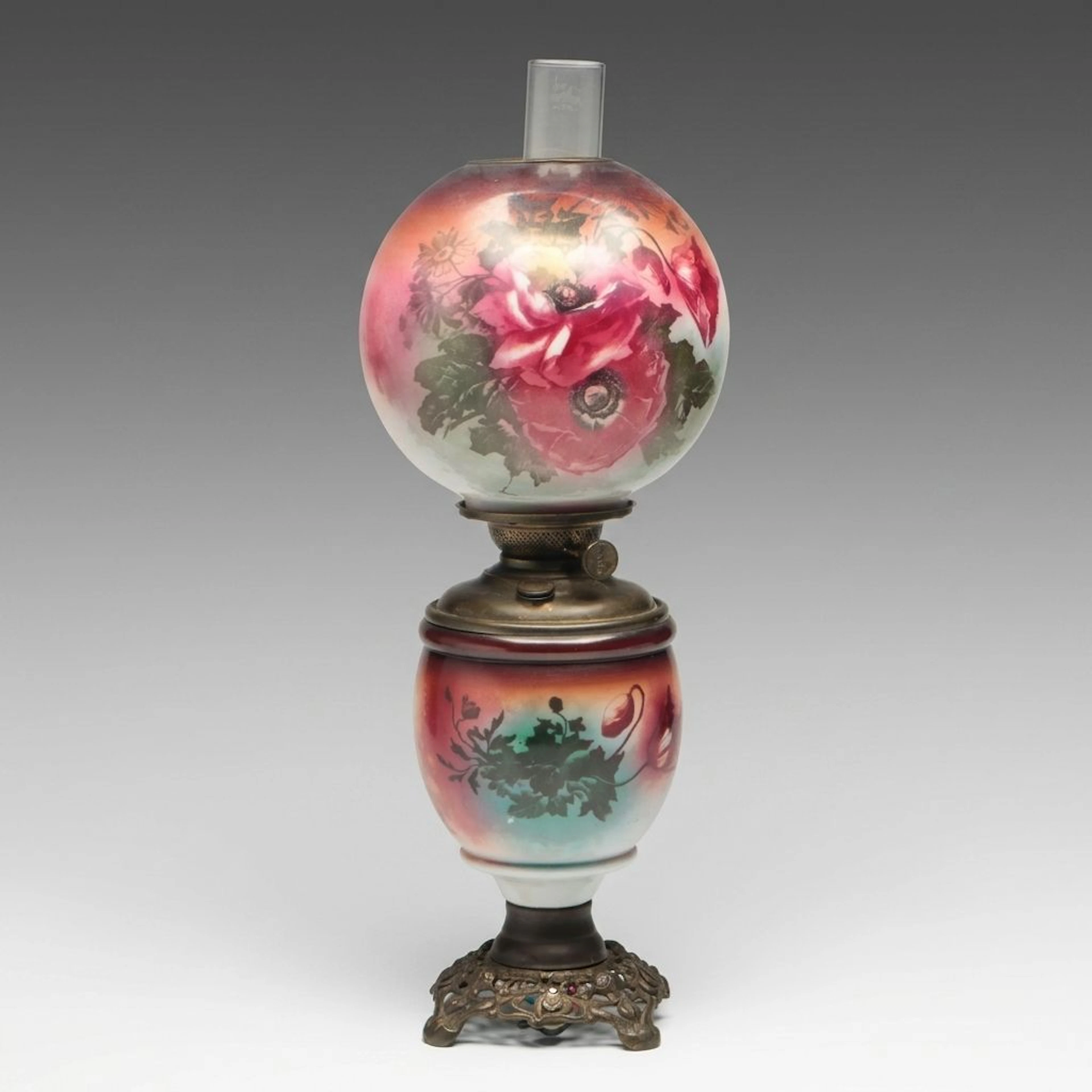 Victorian Poppy Theme Glass and Brass Oil Parlor Lamp, Adapted