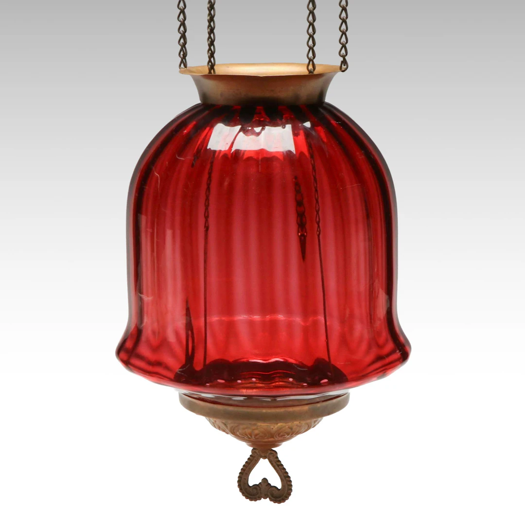 Victorian Cranberry Glass Brass Hall Pendant Partial Lamp, Late 19th C.