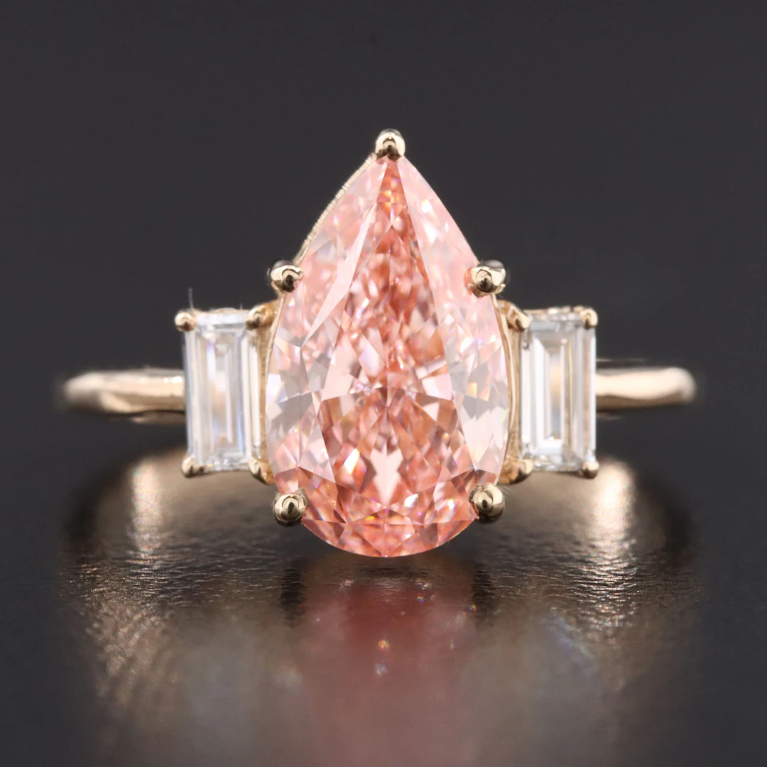 14K 2.88 CTW Lab Grown Diamond Ring with Fancy Vivid Pink Center & IGI Report