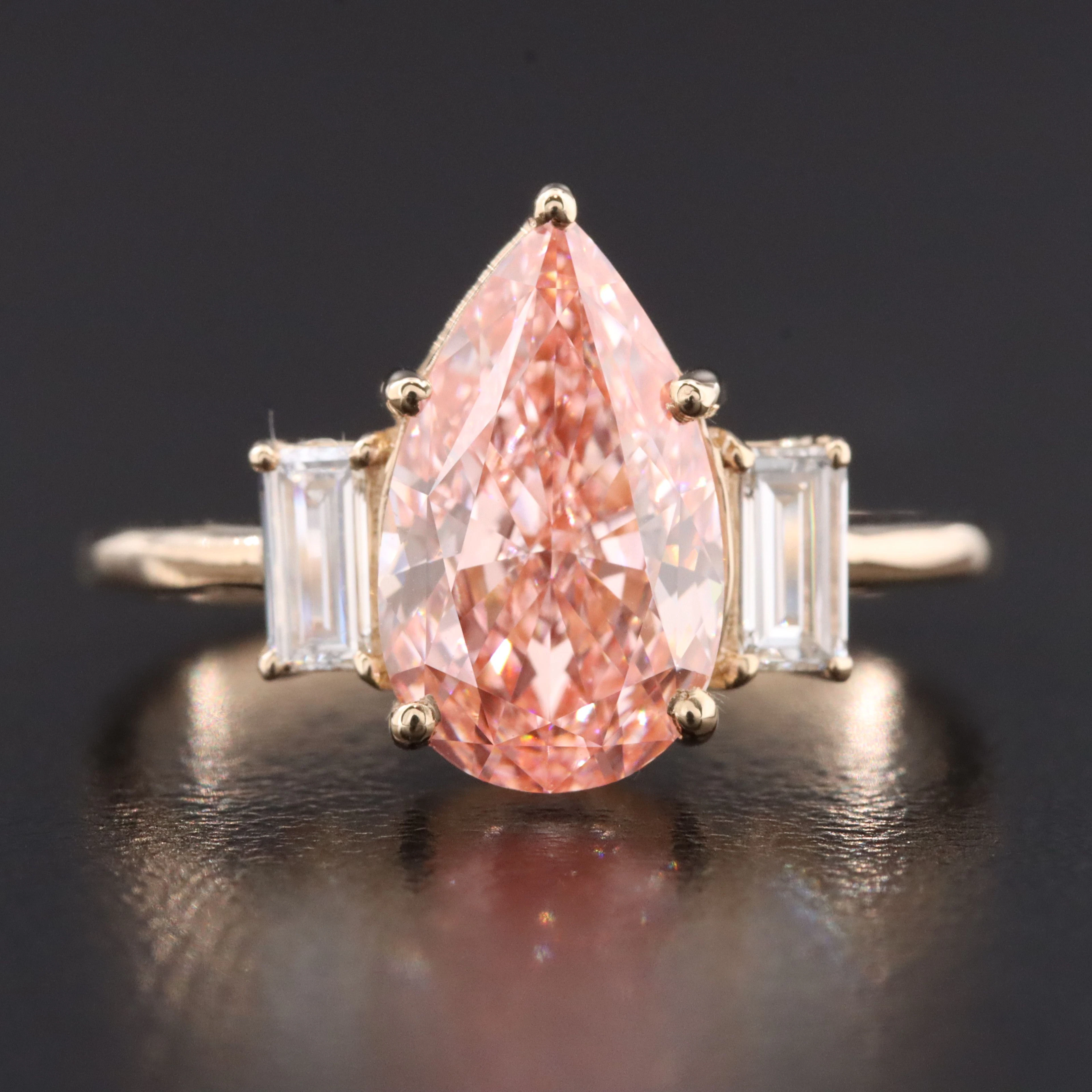 14K 2.88 CTW Lab Grown Diamond Ring with Fancy Vivid Pink Center & IGI Report