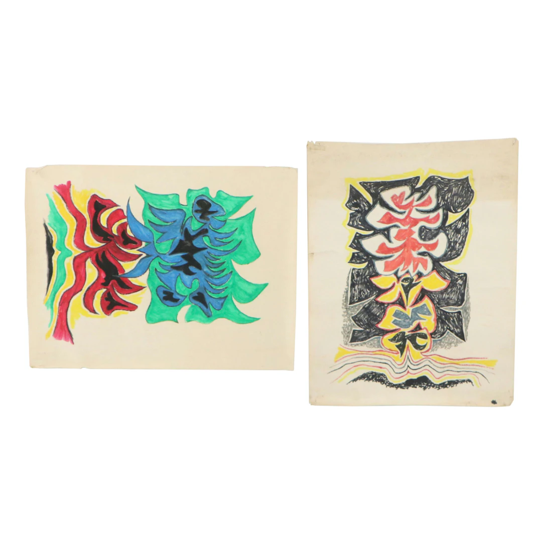 Achi Sullo Modernist Mixed Media Drawings, Mid to Late 20th Century