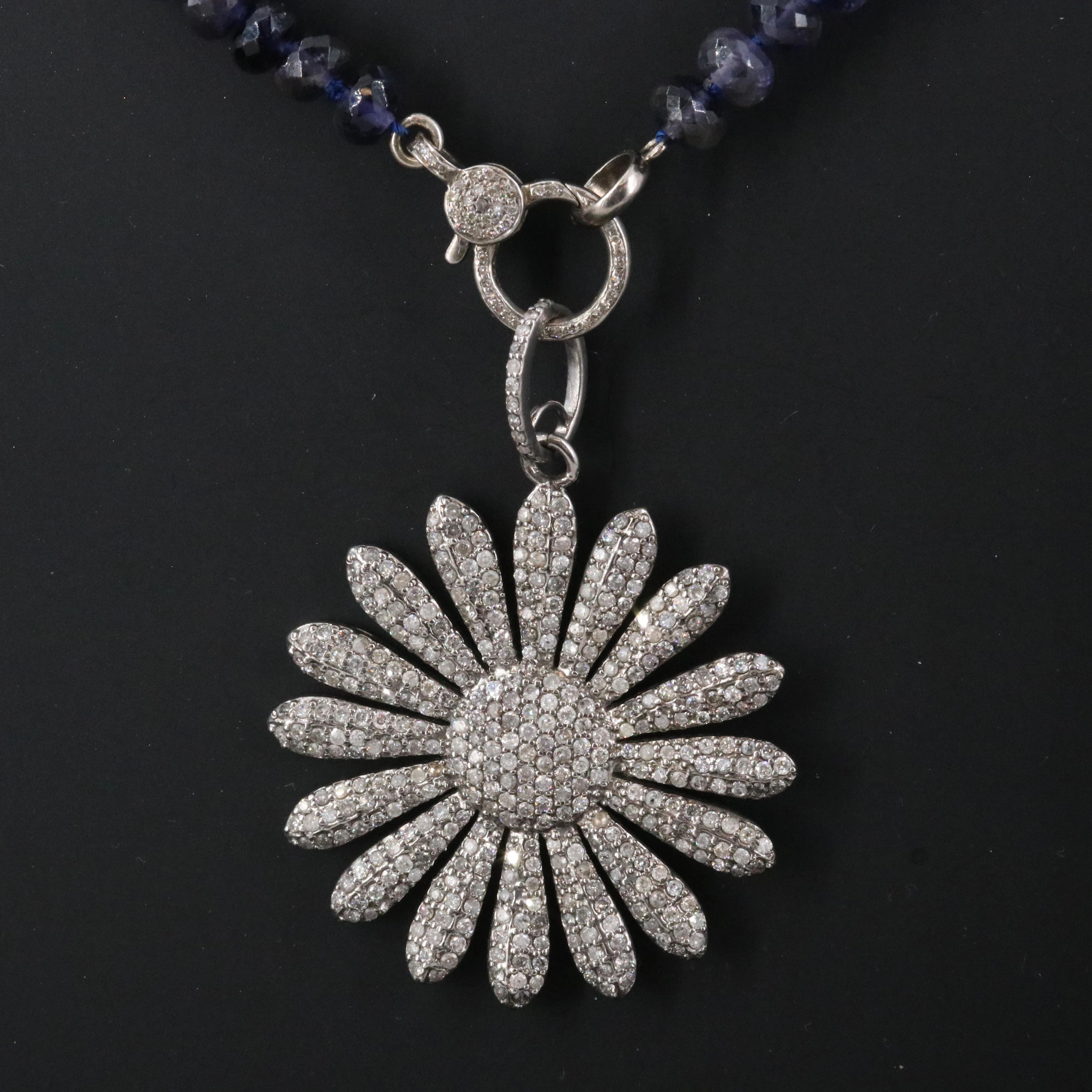 Sheryl Lowe Sterling Pavé Diamond and Iolite Flower Pendant and Necklace