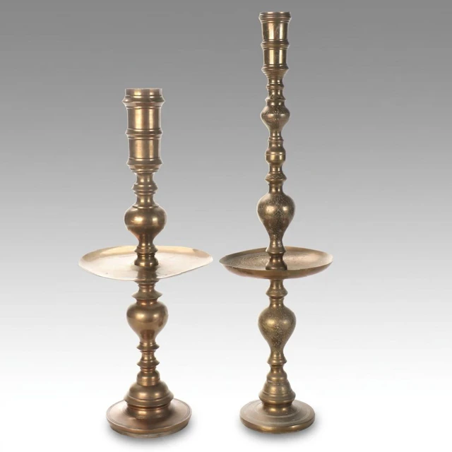 Etched Spun Brass Floor Candlesticks