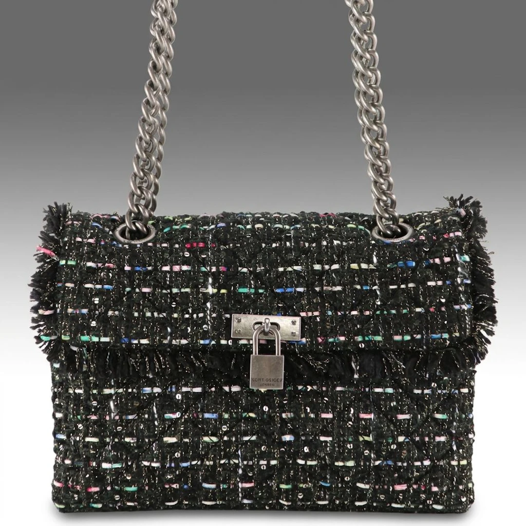 Kurt Geiger Brixton Lock Flap Shoulder Bag in Black/Multicolor Tweed Wool Blend
