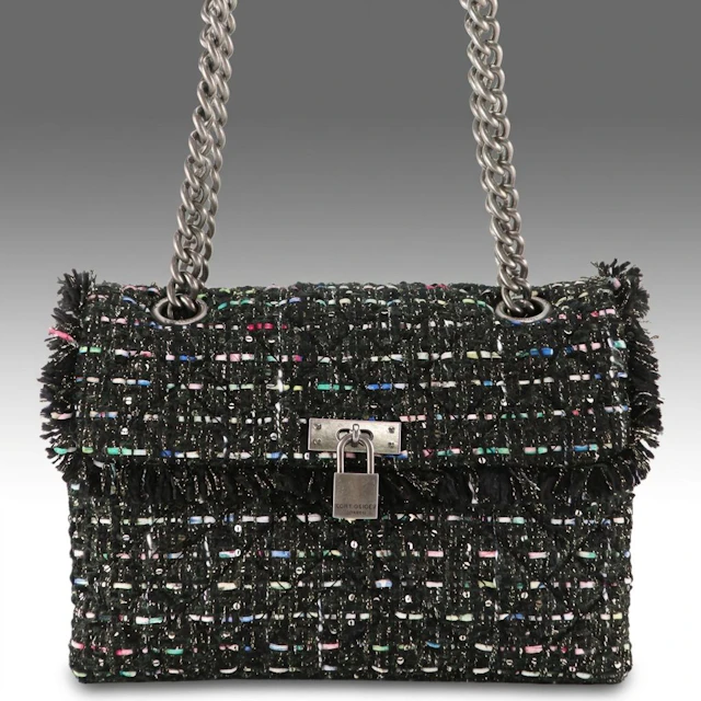 Kurt Geiger Brixton Lock Flap Shoulder Bag in Black/Multicolor Tweed Wool Blend