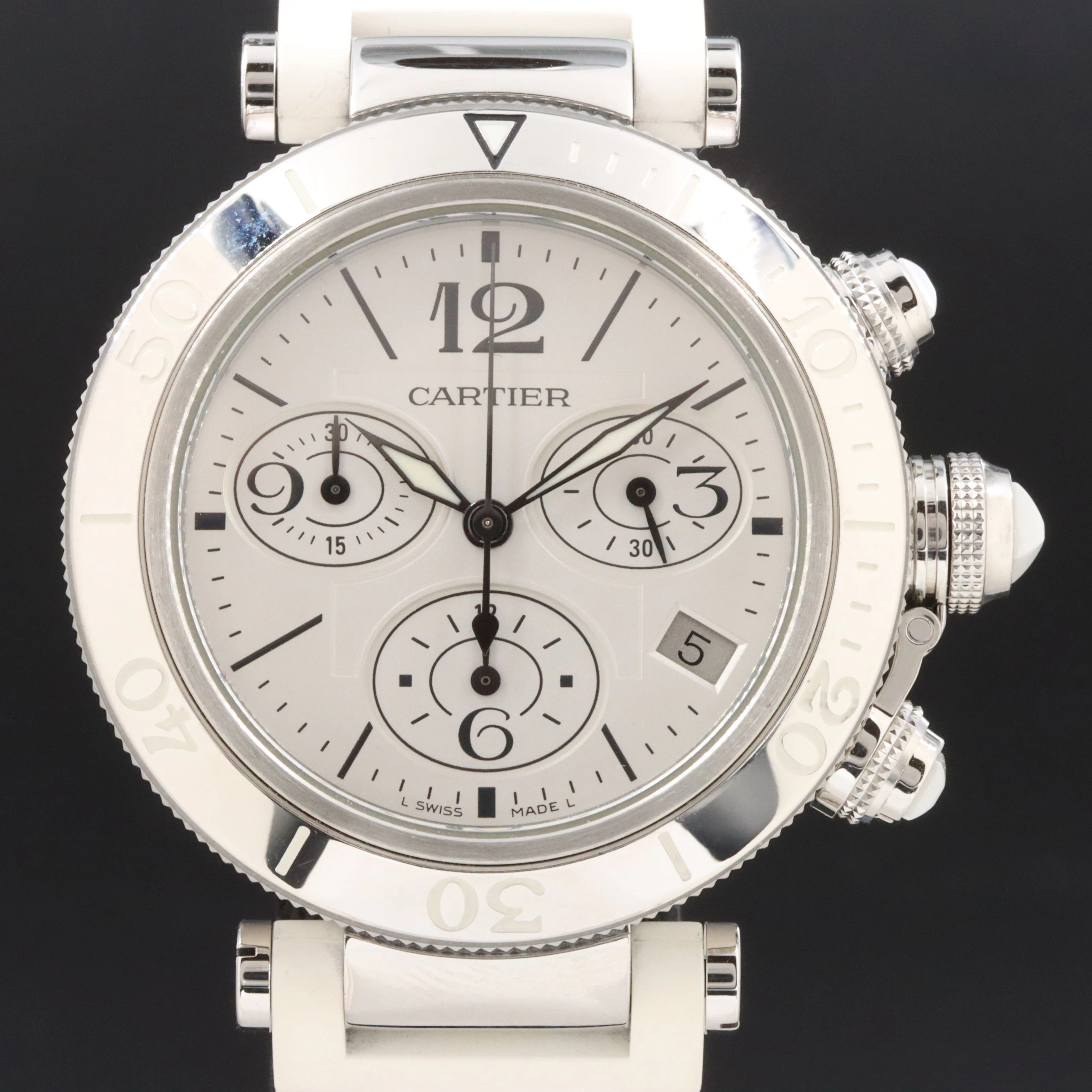 Cartier Pasha Seatimer Chronograph White 37mm Steel Watch W3140005
