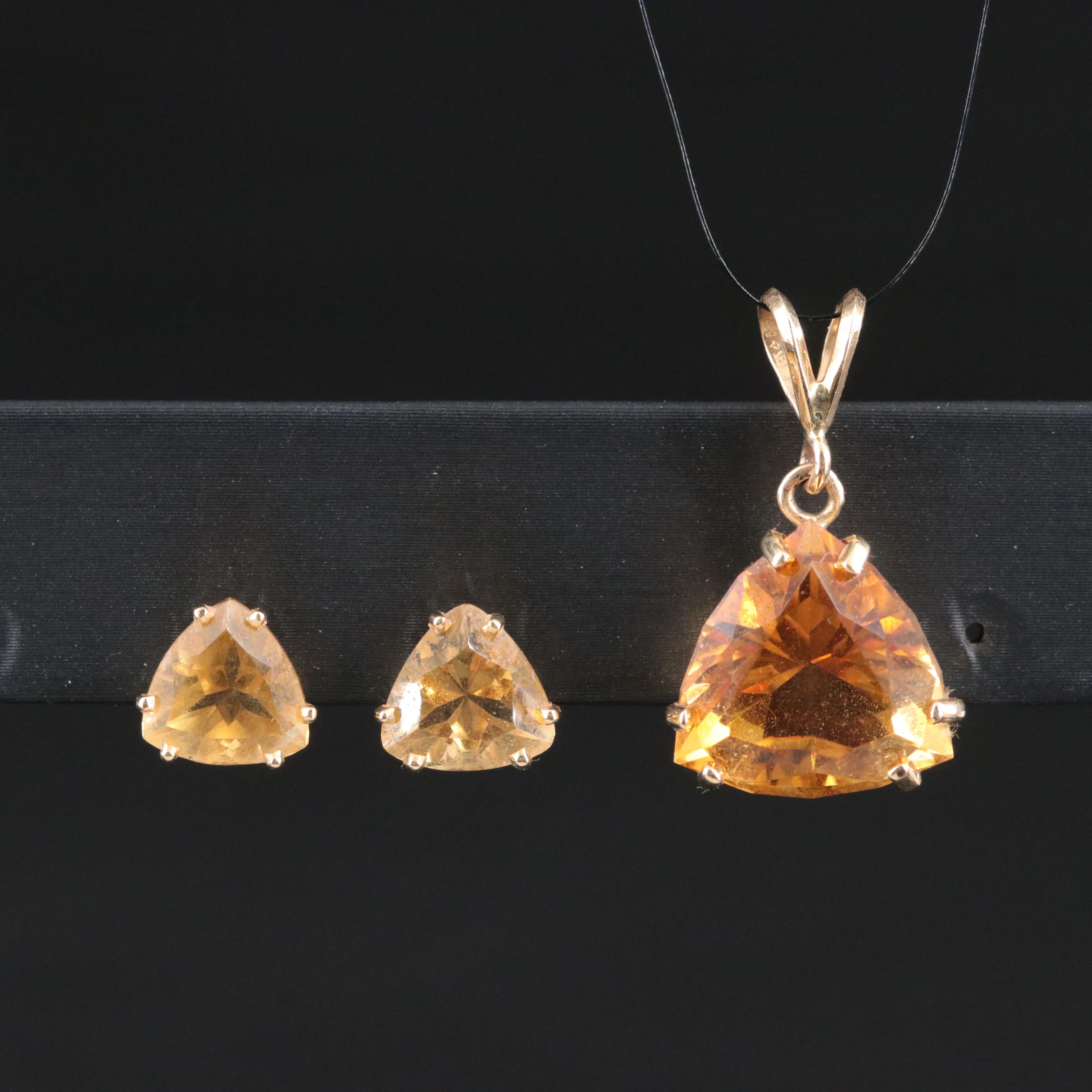 14K 10.77 CT Citrine Solitaire Pendant and Citrine Stud Earrings