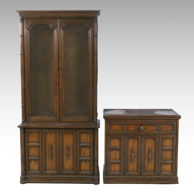 Mediterranean Revival Oak Two-Piece China Cabinet Hutch and Rolling Bar Server