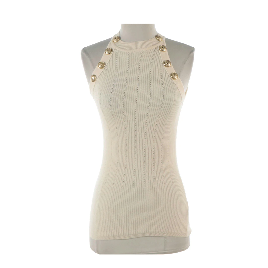 Balmain Sleeveless Top in Ivory Ribbed Wool Blend with Gold Embossed Buttons