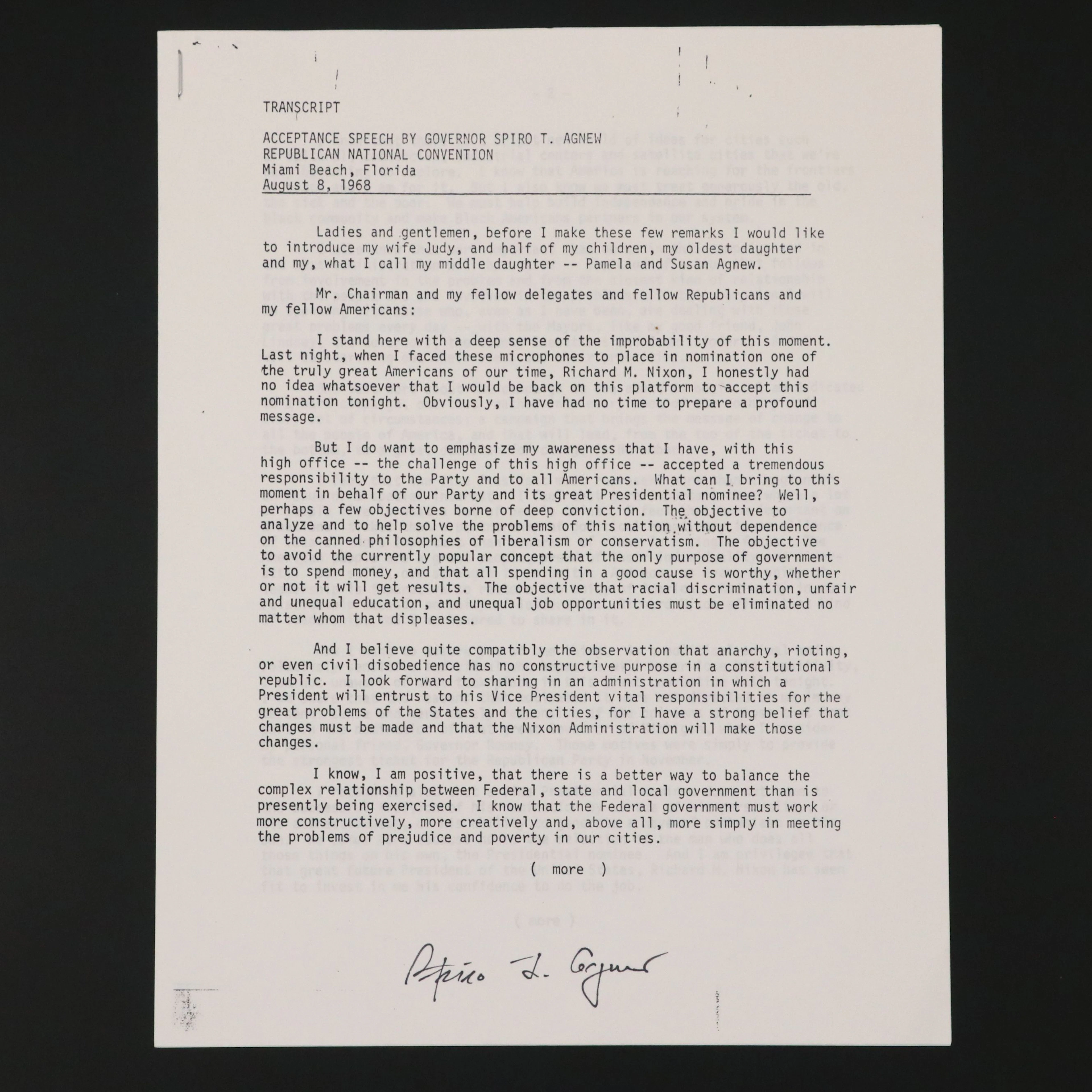 Spiro Agnew Signed Acceptance Speech Transcript, 1968