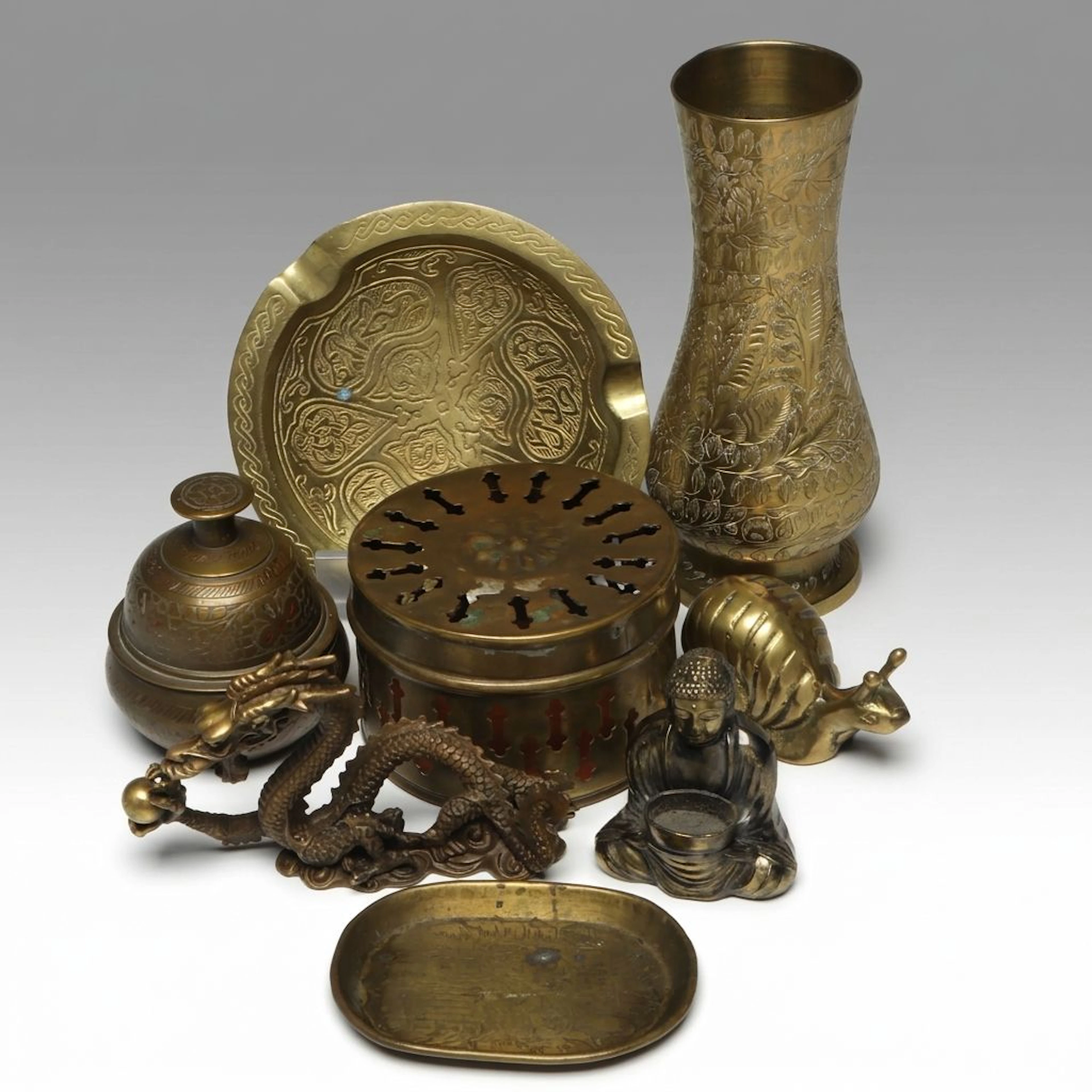 Goel Indian Chased Brass Vase with More Brass Table Accessories and Décor
