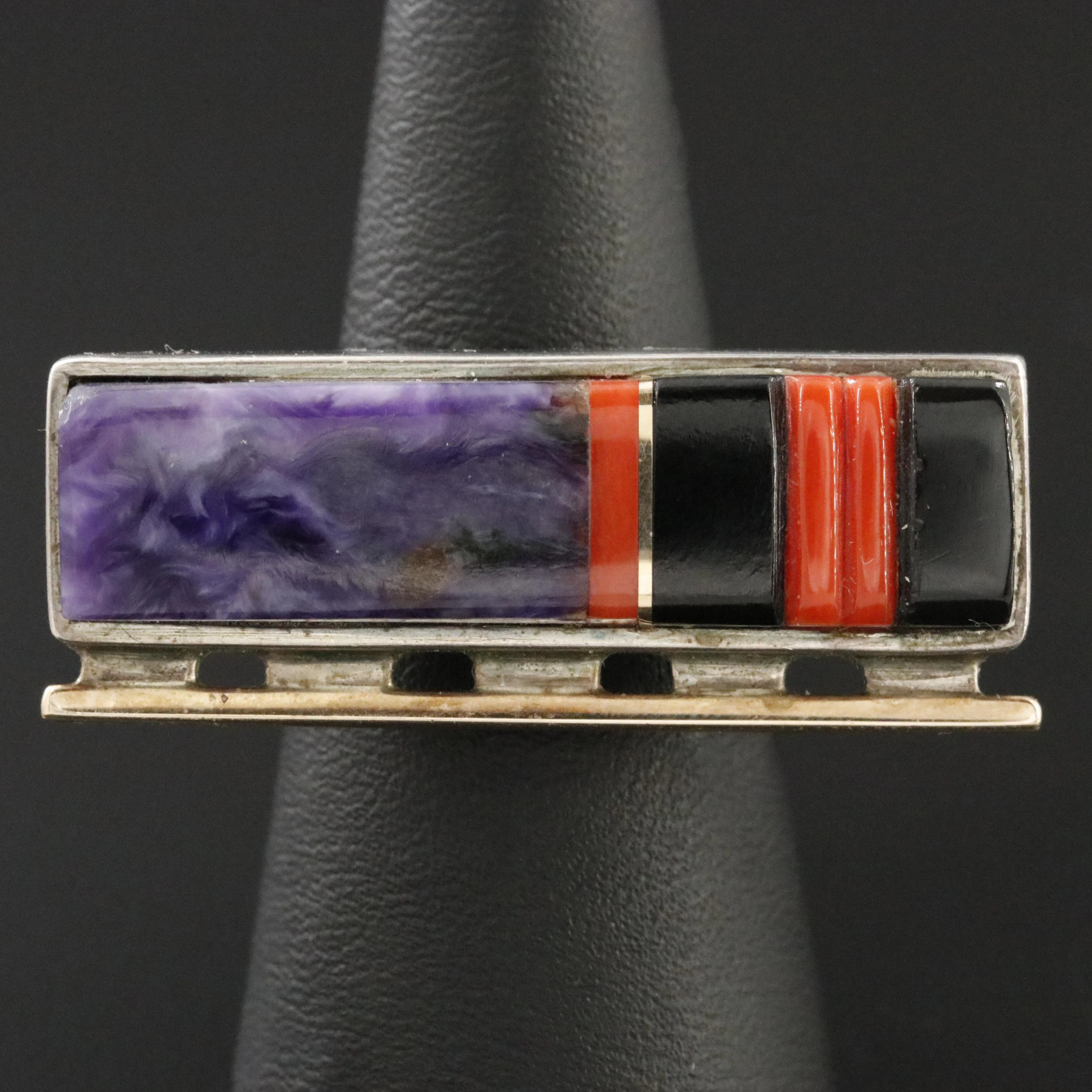 Edison Cummings Navajo Sterling Black Onyx, Coral, Sugilite Ring with