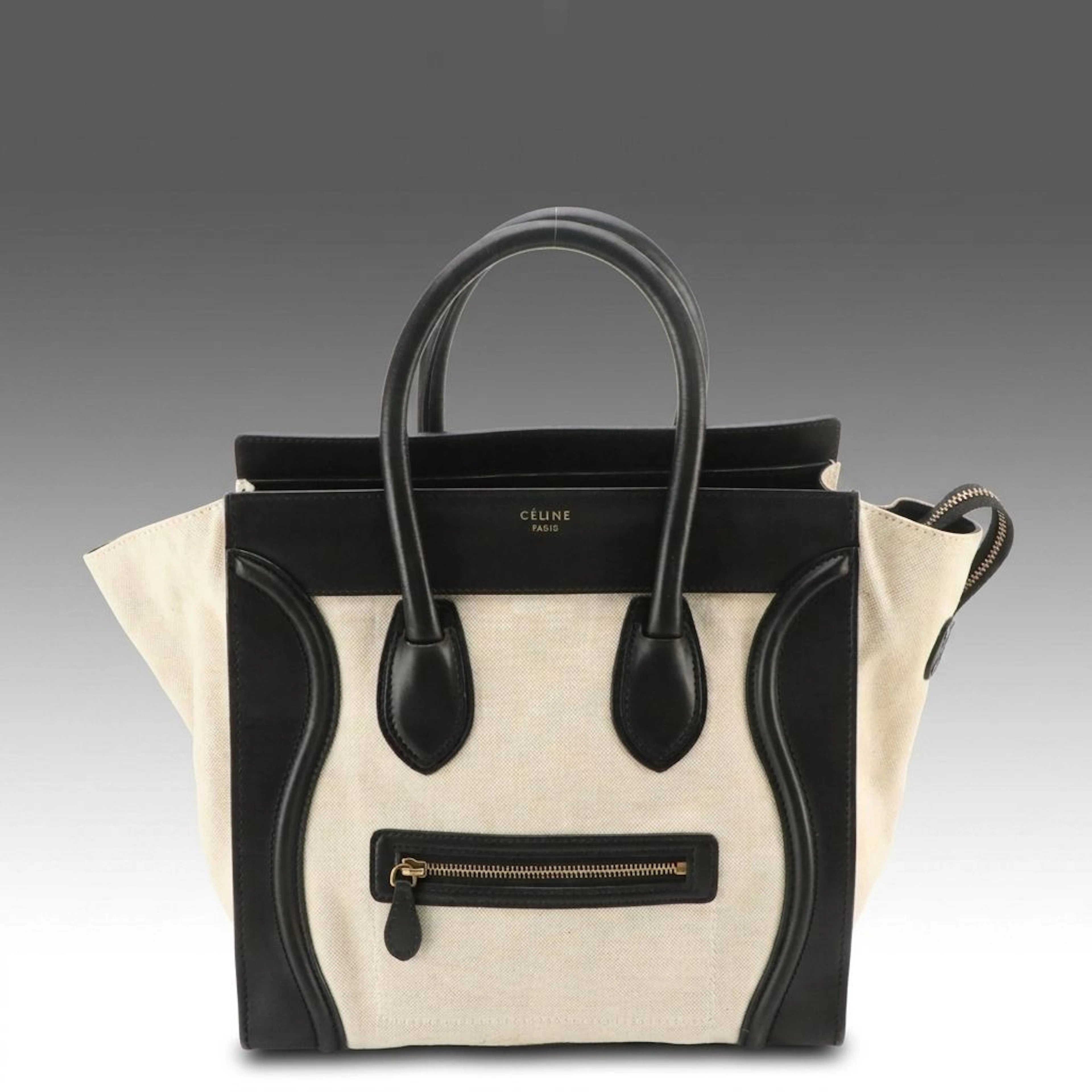 Céline Woven Canvas and Black Leather Luggage Tote Bag