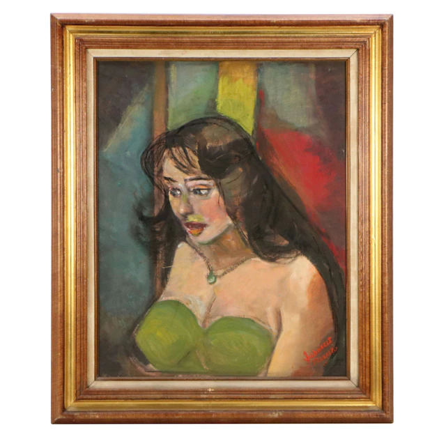 Edith Susarret Marrero Mixed Media Painting of Woman in Green Gown