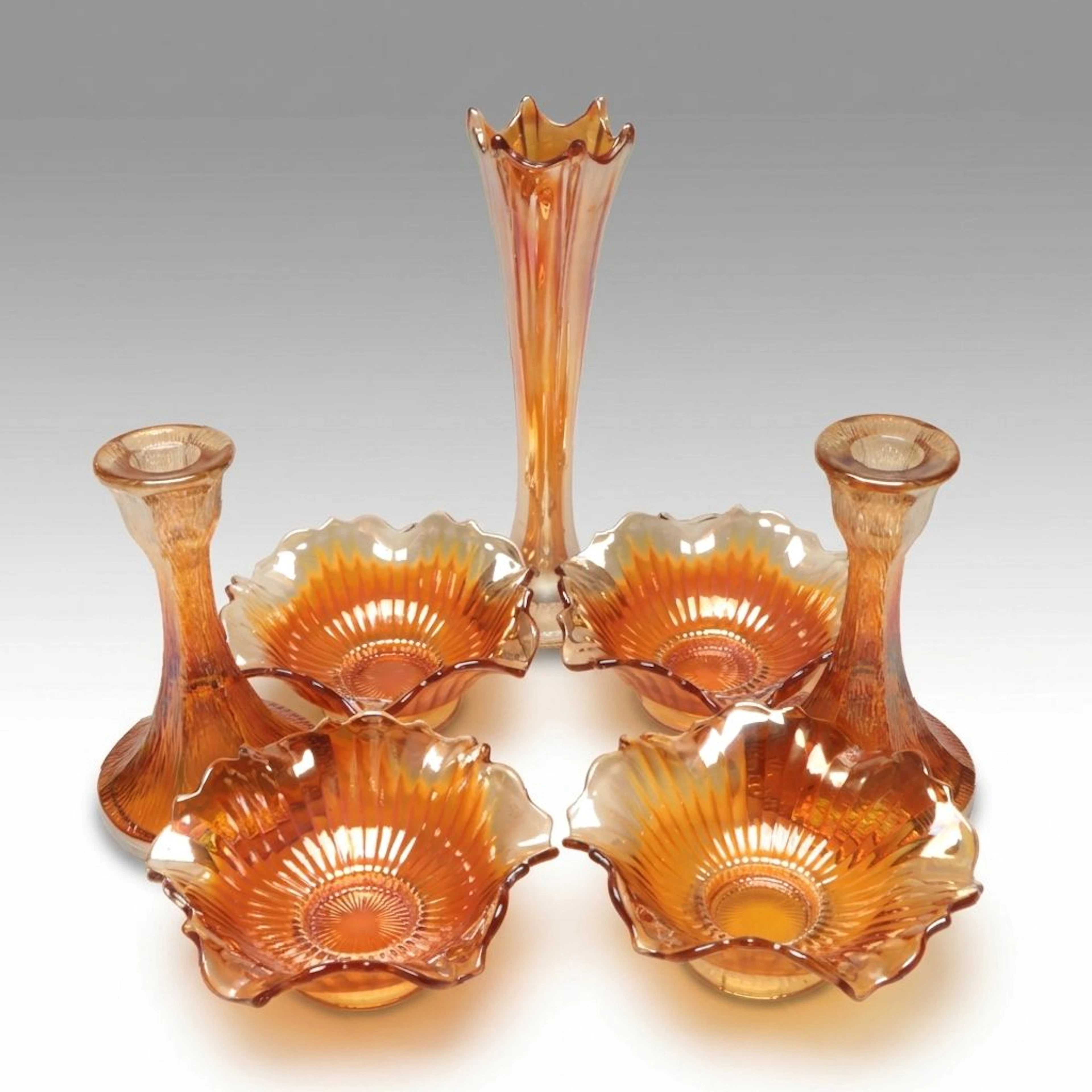 Jeannette "Tree Bark" Marigold Candle Holders with More Carnival Glass