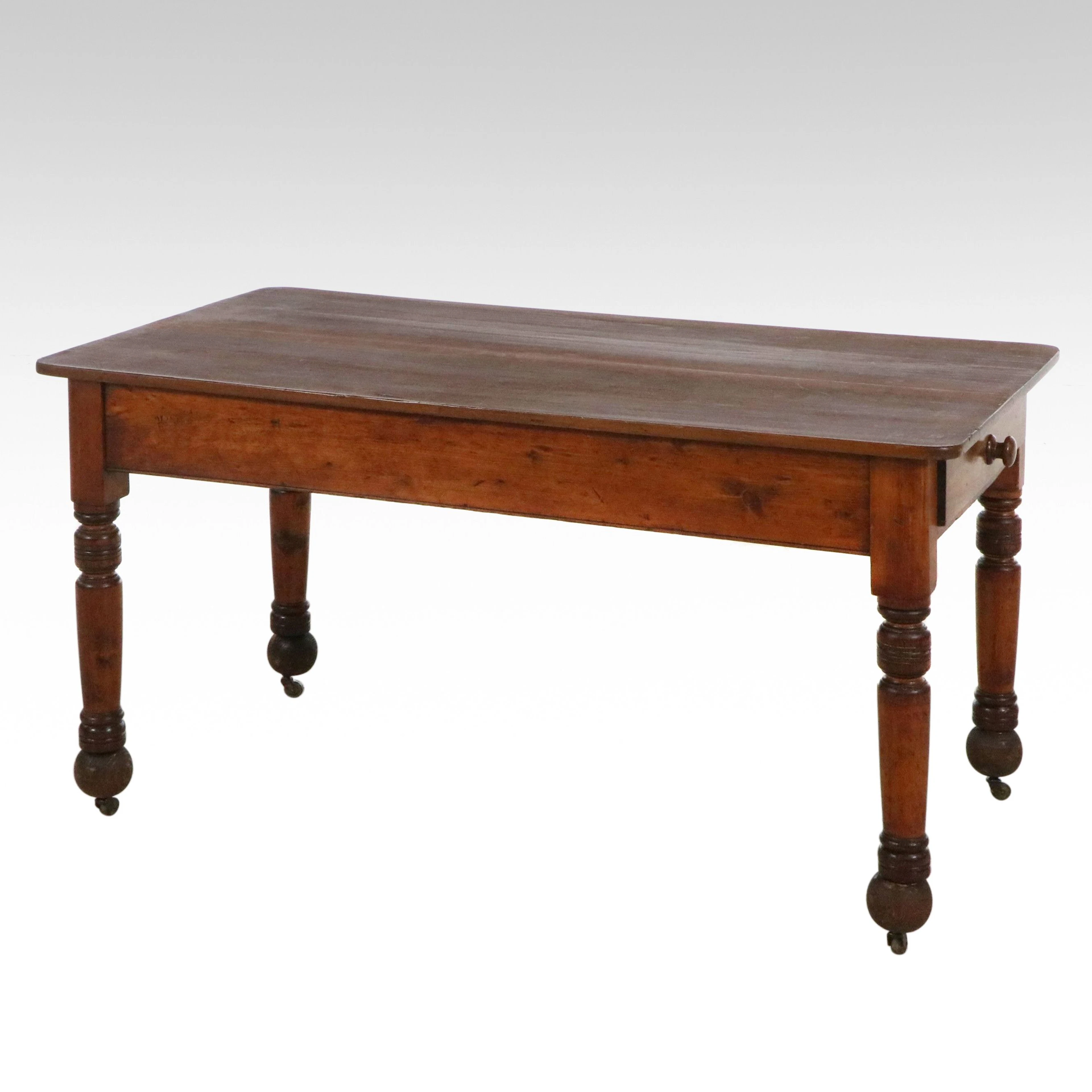 Country Sheraton Style Turned Leg Walnut Harvest Table, 19th Century