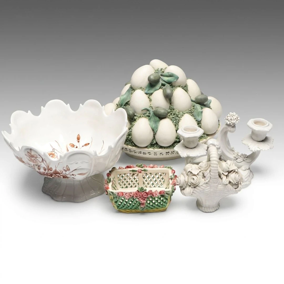 Italian Majolica Egg and Olive Topiary with Other Table Décor, 20th Century