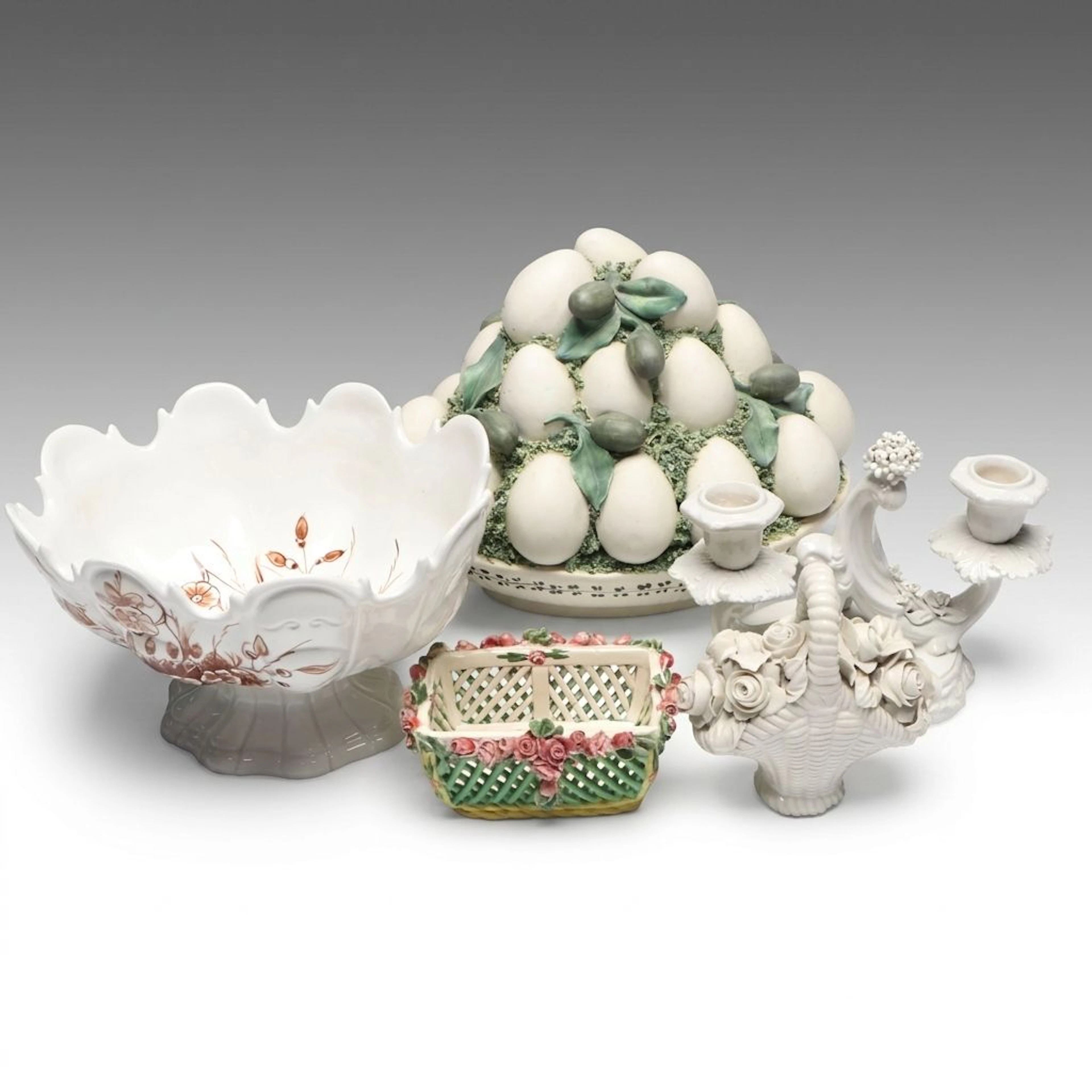 Italian Majolica Egg and Olive Topiary with Other Table Décor, 20th Century