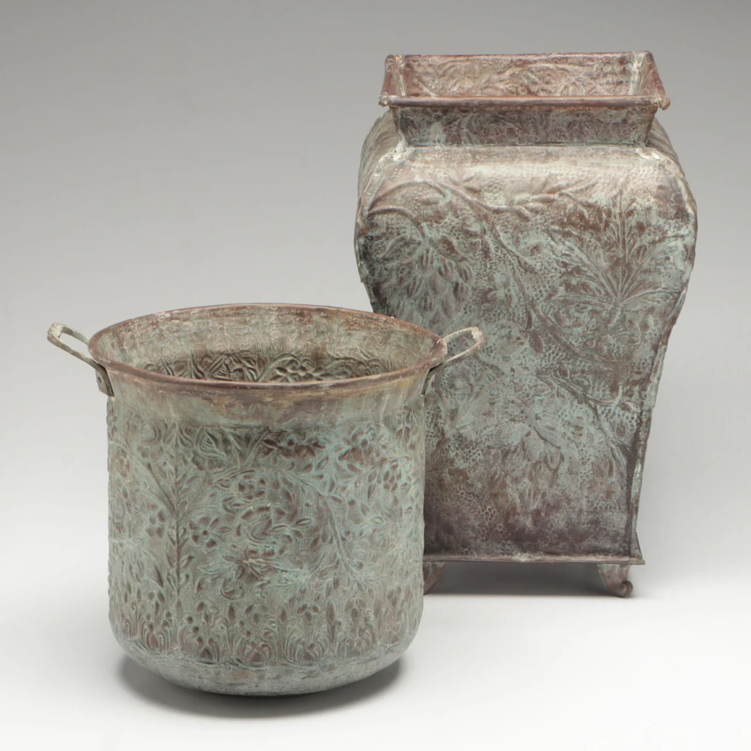 Rustic Embossed Patinated Metal Vessels, Contemporary