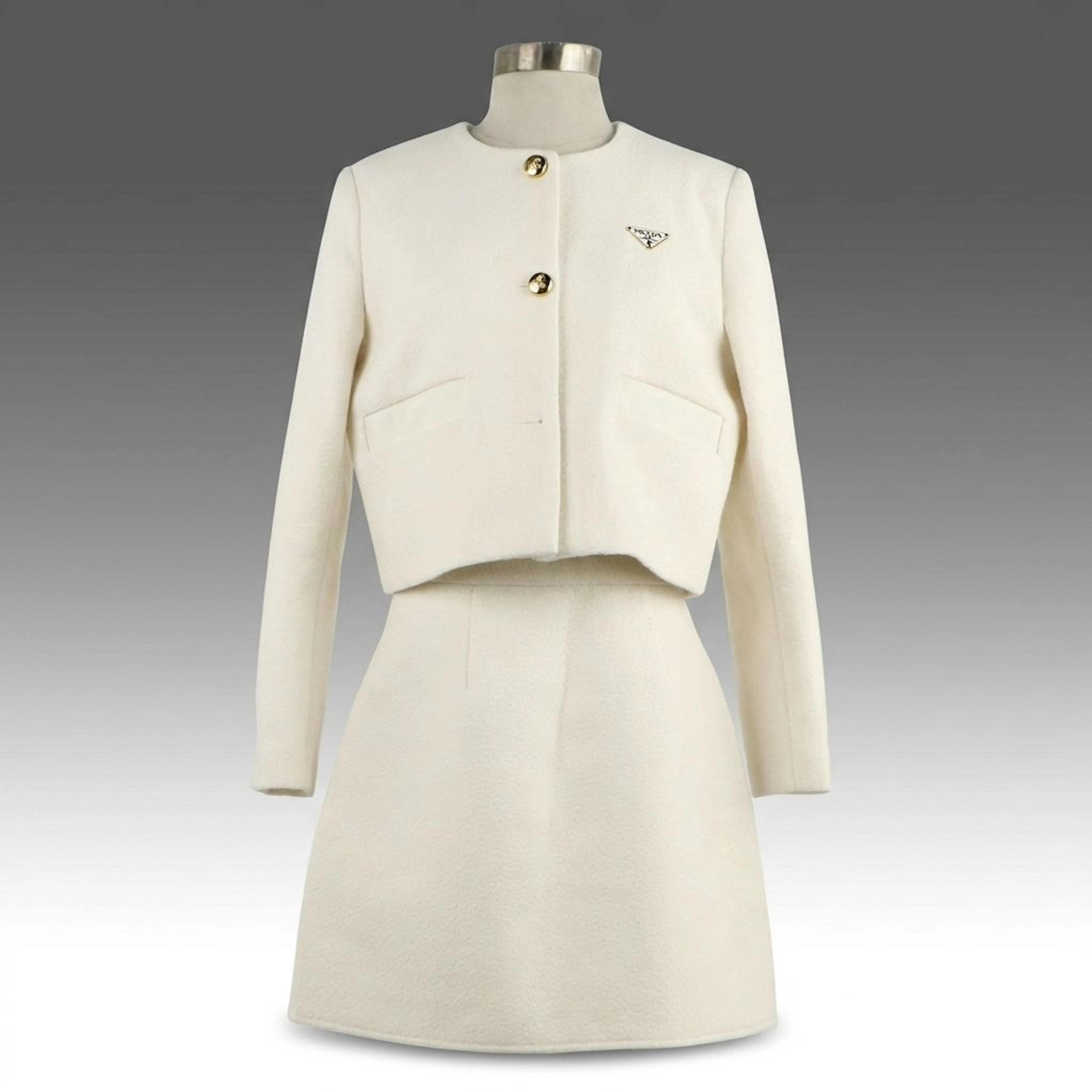 Prada White Tweed and Leather Skirt Suit with Triangle Enameled Logo Plaque