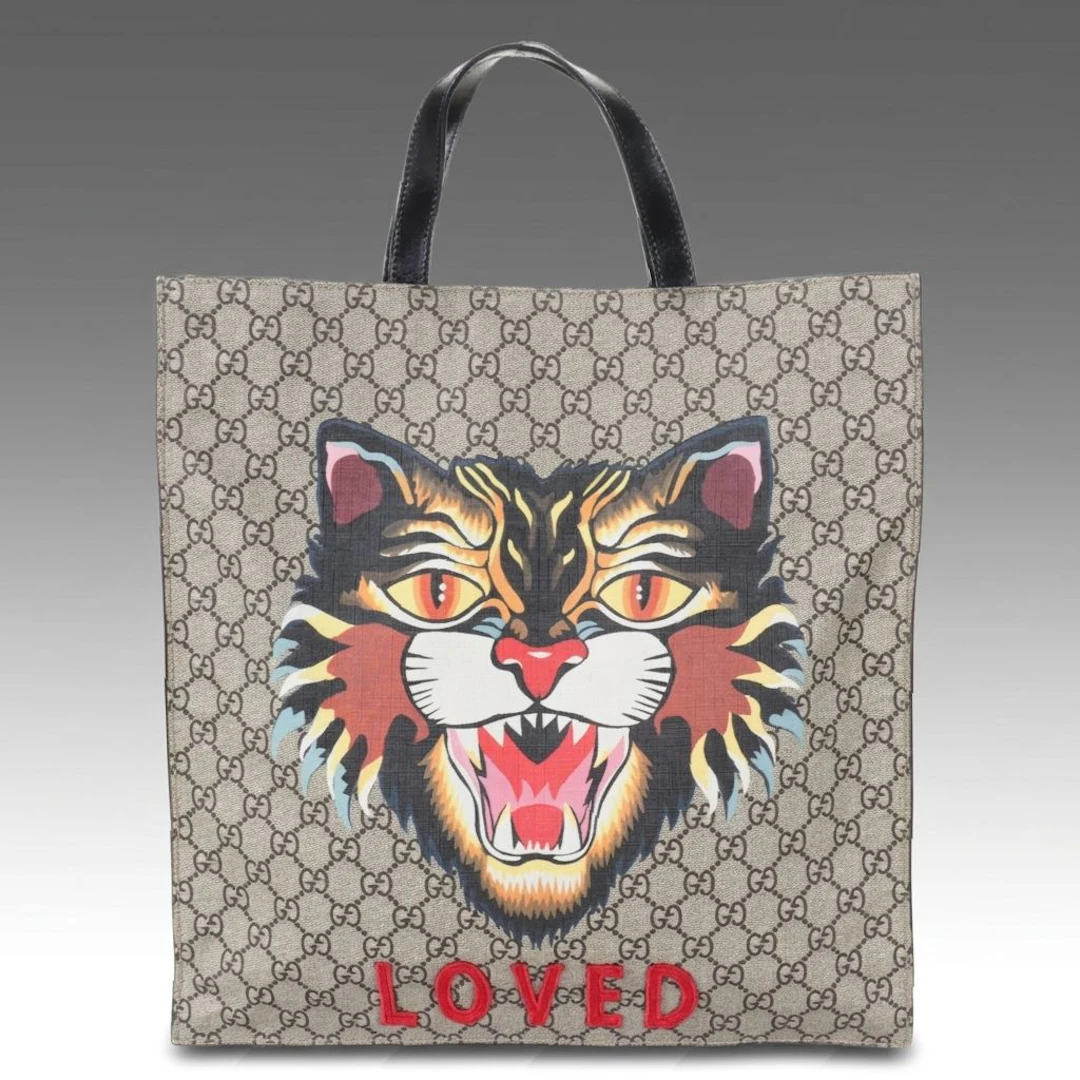 Gucci Vertical Tote Bag in "Loved" Angry Cat Print Monogram Canvas and Leather