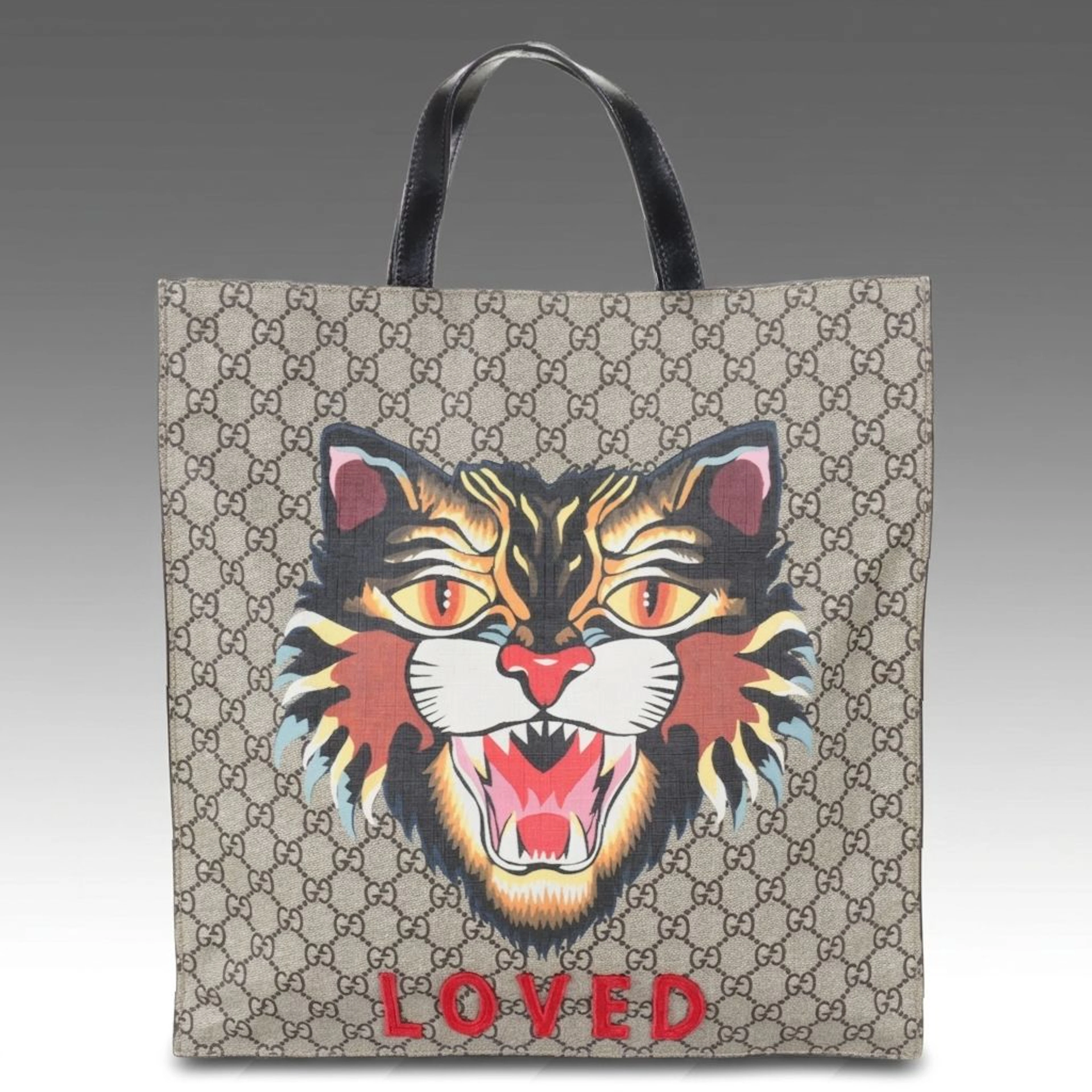 Gucci Vertical Tote Bag in "Loved" Angry Cat Print Monogram Canvas and Leather