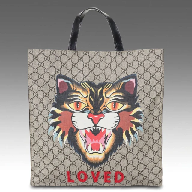 Gucci Vertical Tote Bag in "Loved" Angry Cat Print Monogram Canvas and Leather