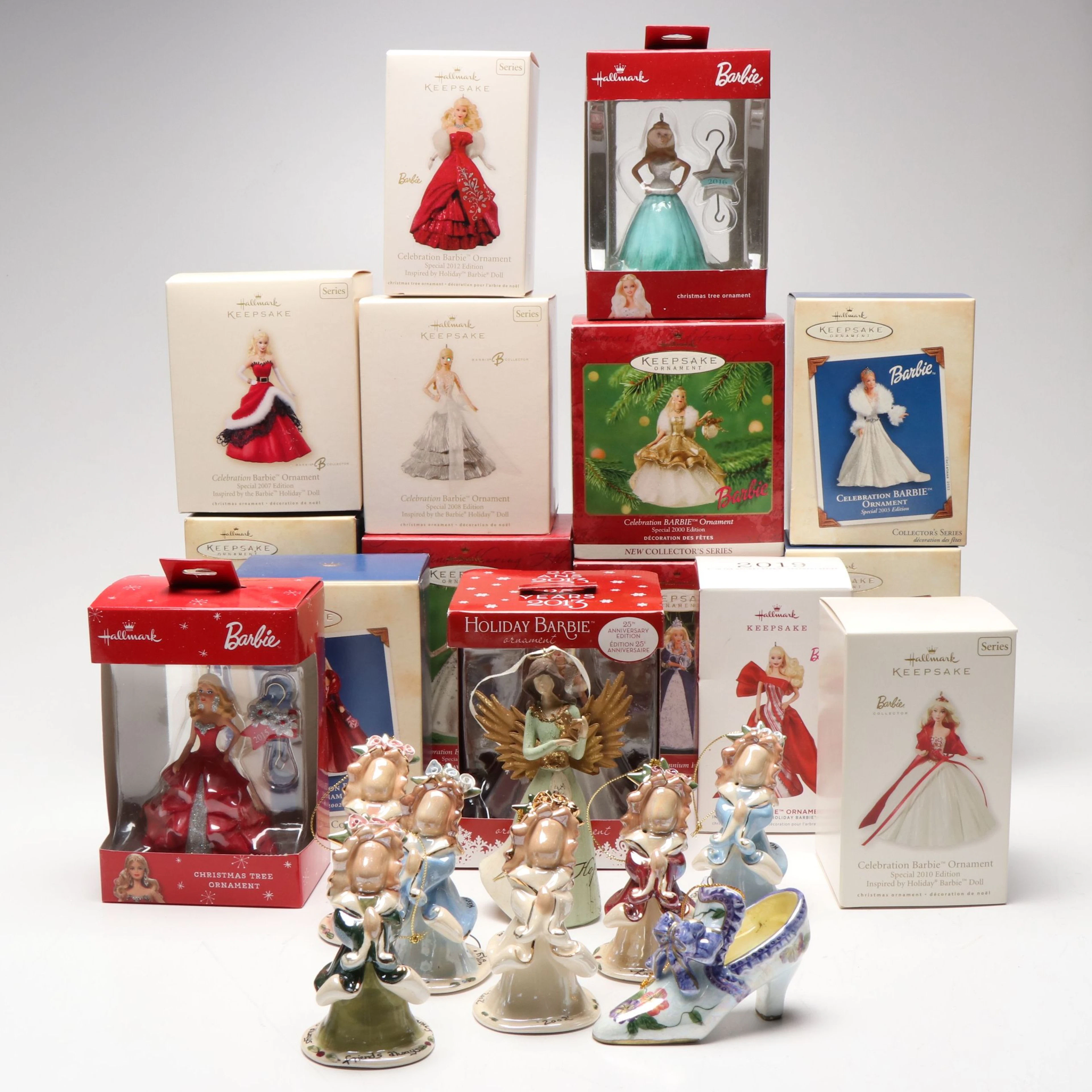 Hallmark Keepsake Barbie Ornaments and Blue Sky Corp. Gilt Ceramic Ornaments
