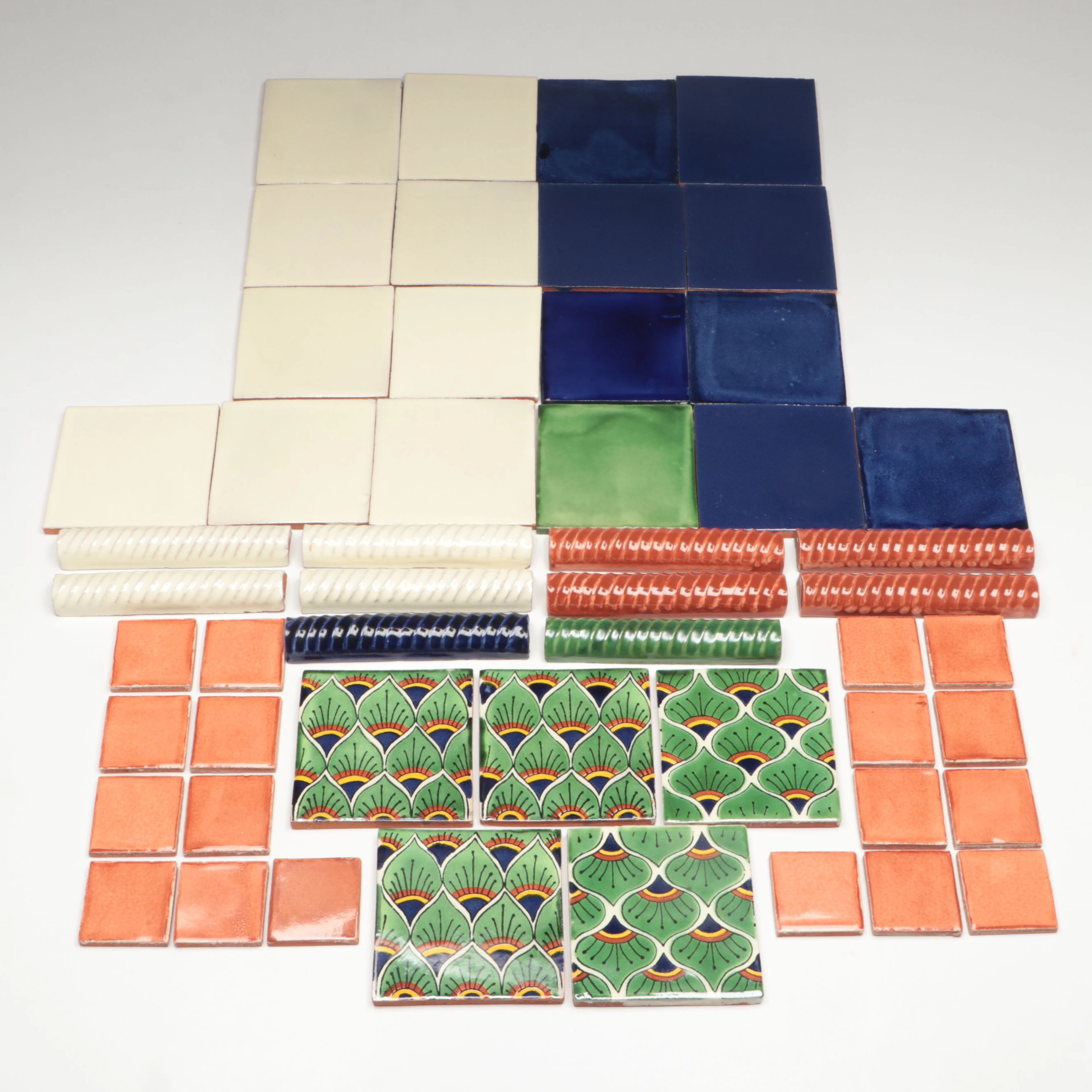 Assorted Orange, Blue, Green and Ivory Hand-Glazed Terracotta Tiles