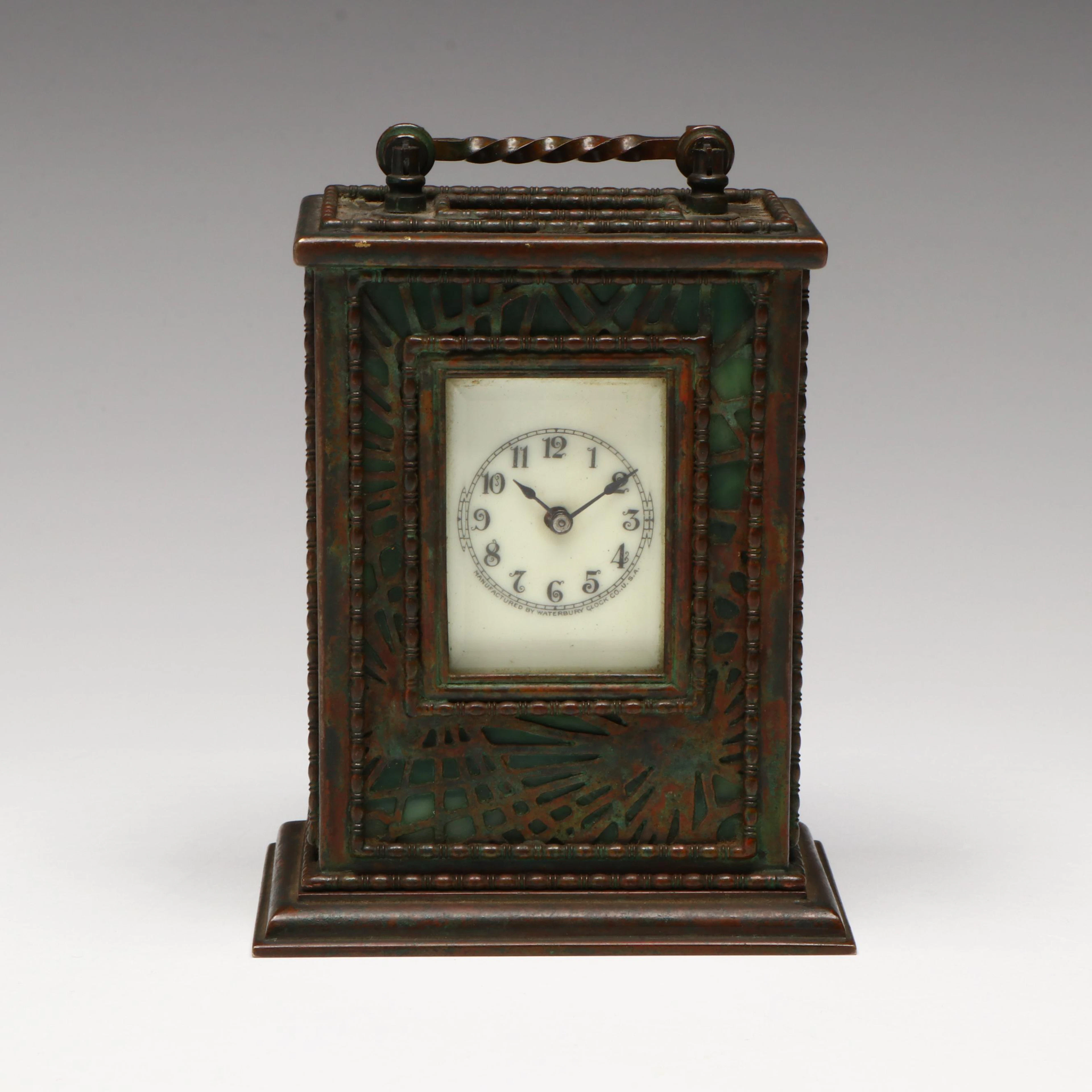 Tiffany Studios "Grapevine" Bronze and Green Slag Glass Clock