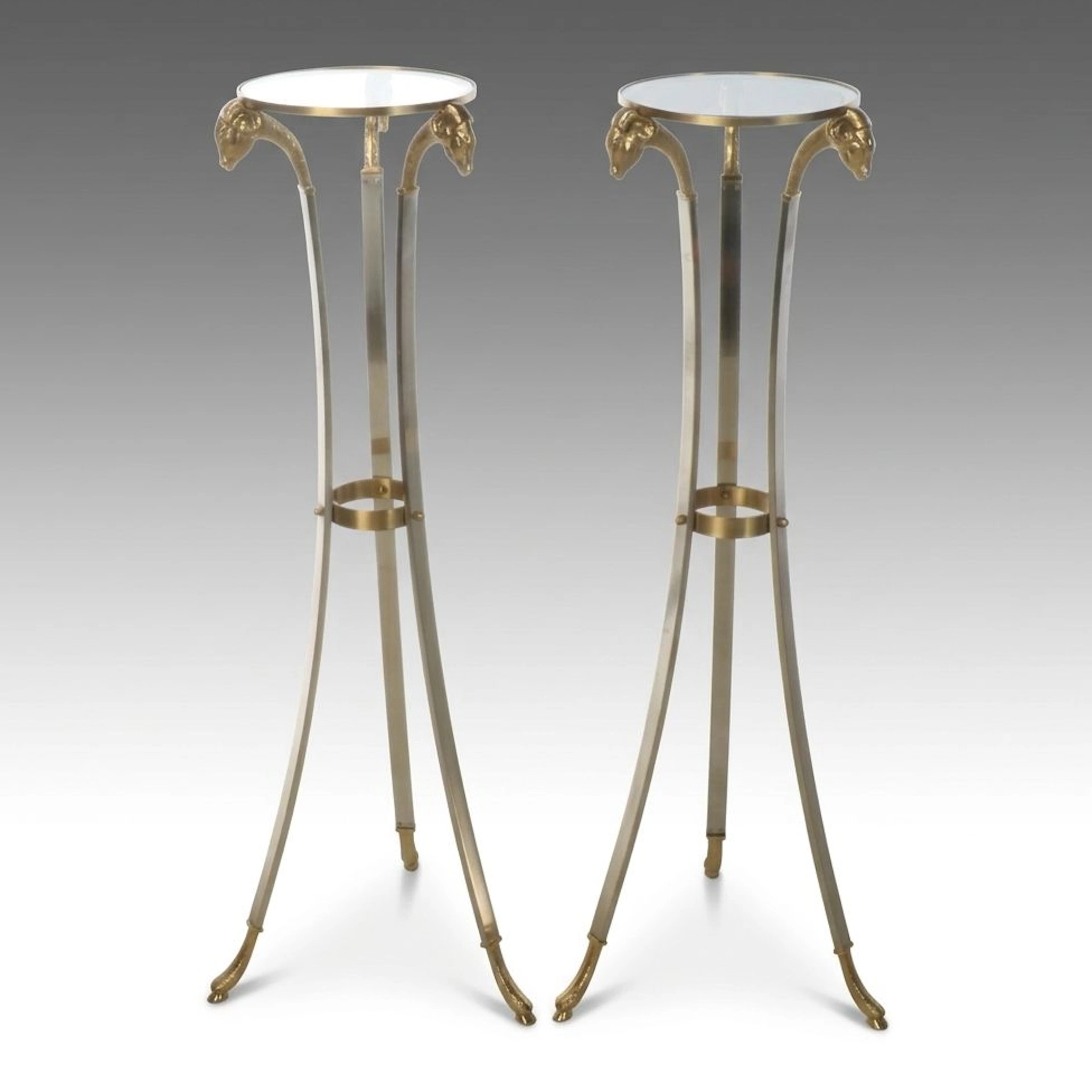 Pair of Directoire Style Ram's Head Brass and Chrome Pedestal Stands