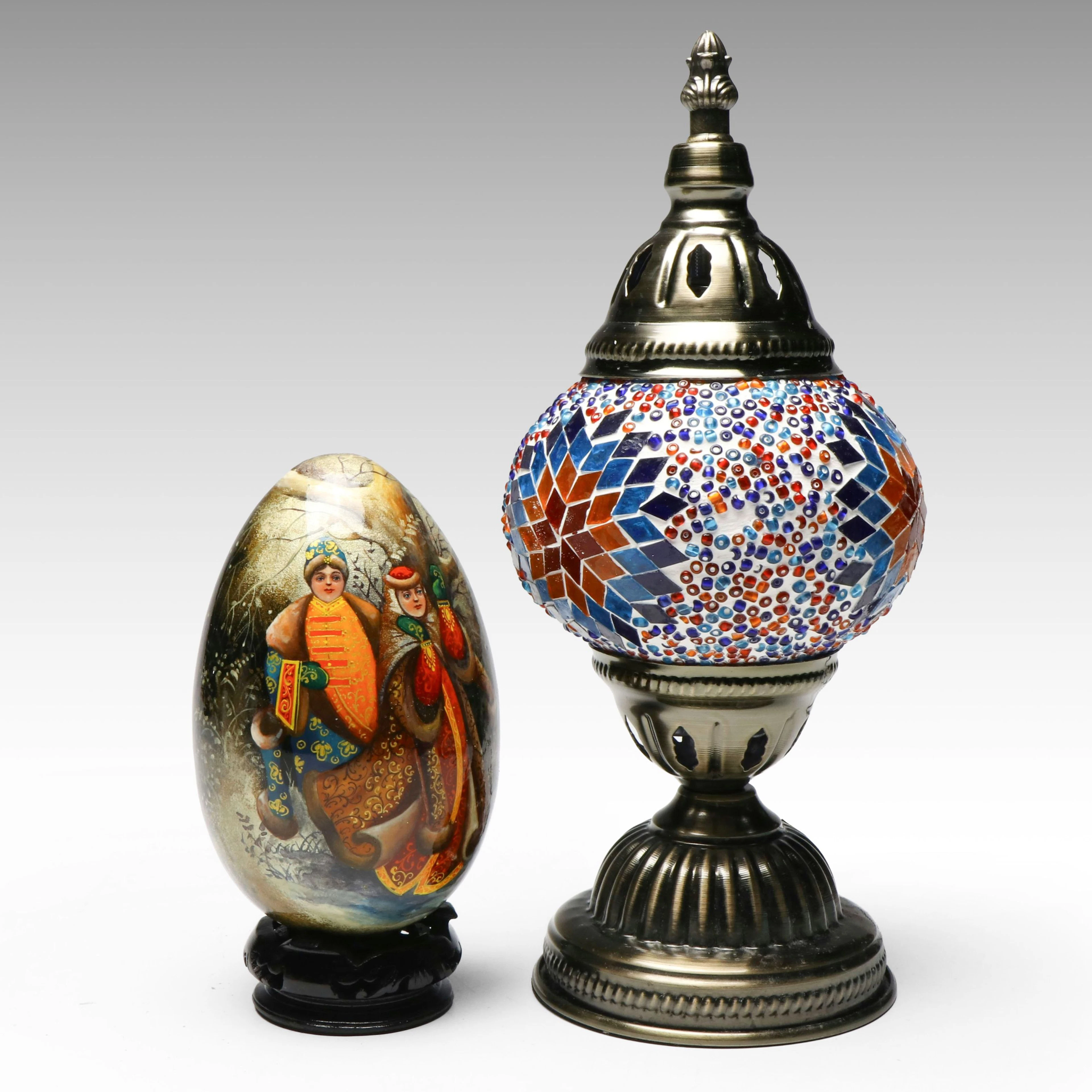 Ottoman Style Mosaic Accent Lamp with Russian Hand-Painted Lacquerware Egg