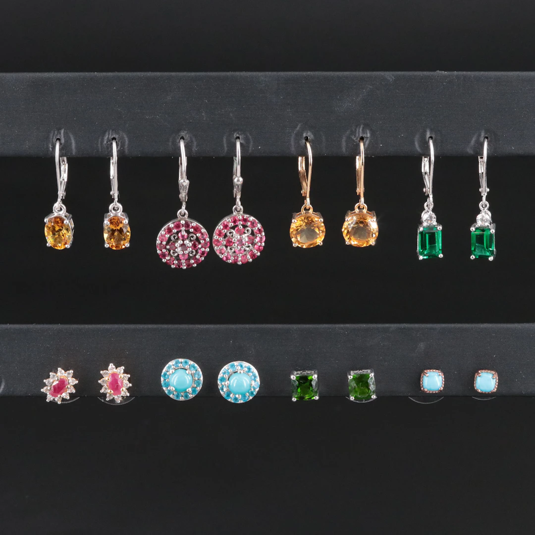 Sterling Gemstone Earring Collection Including Ruby, Emerald and Citrine