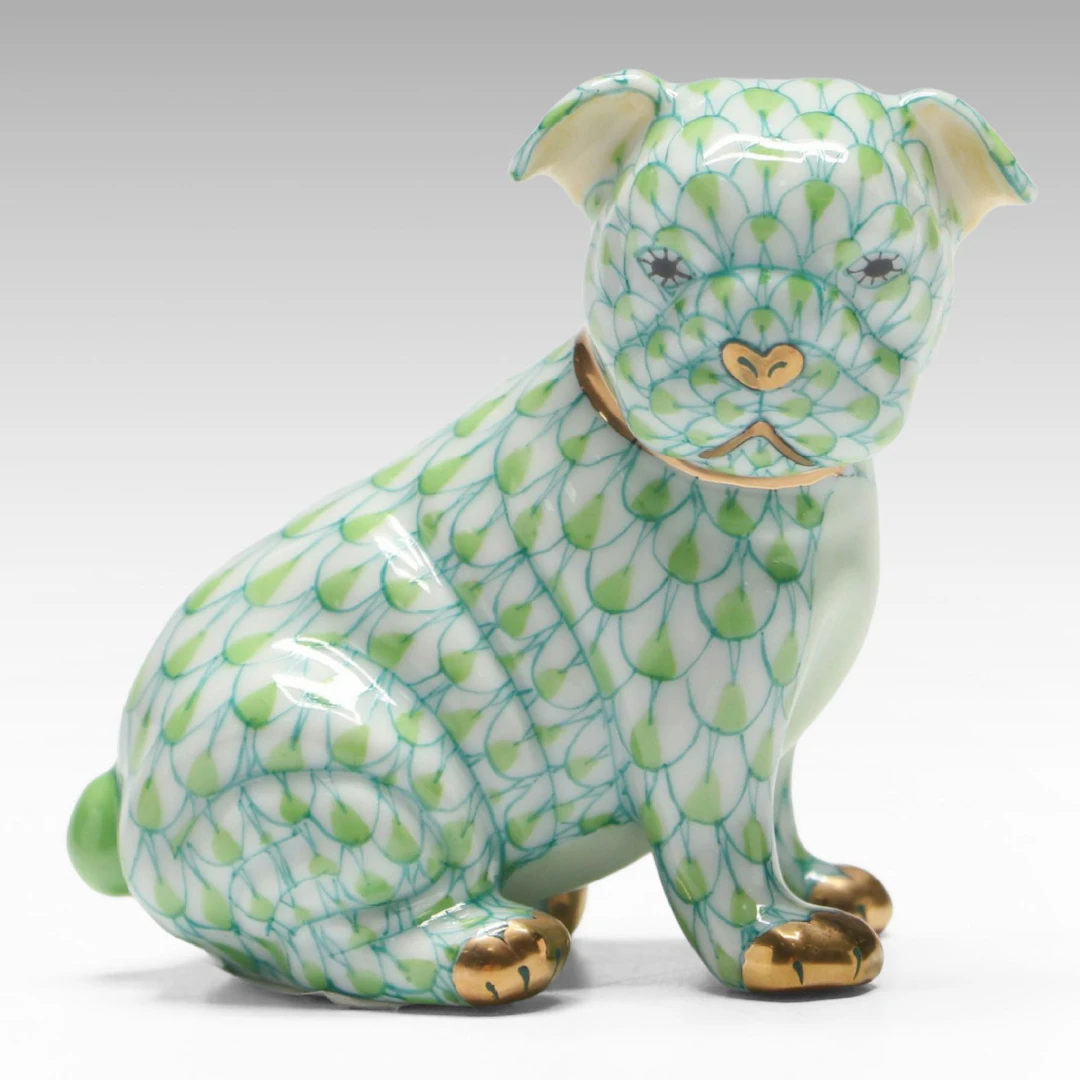 Herend Key Lime Fishnet with Gold "Bulldog Puppy" Porcelain Figurine