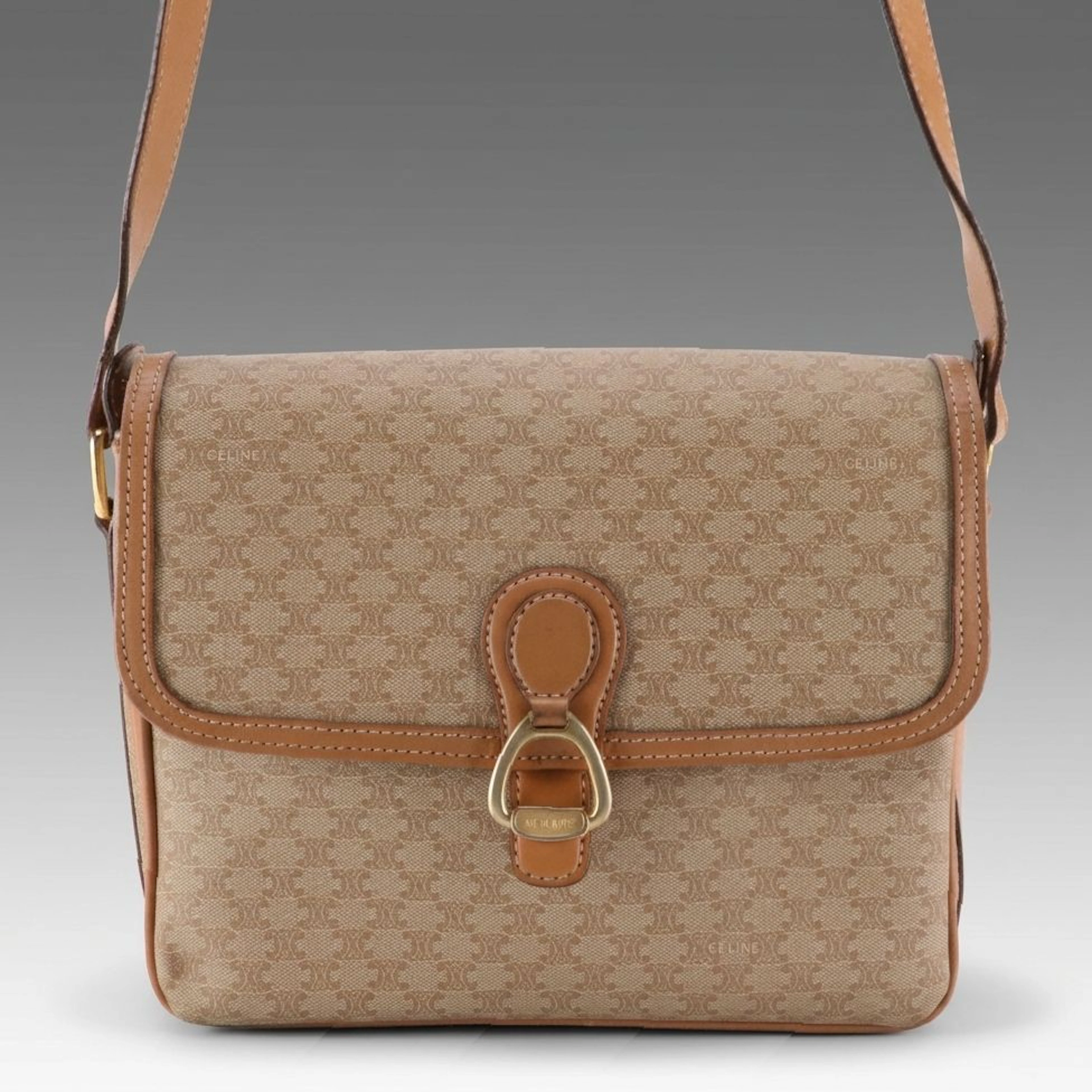 Celine Foldover Crossbody Bag in Light Brown Macadam Canvas and Leather