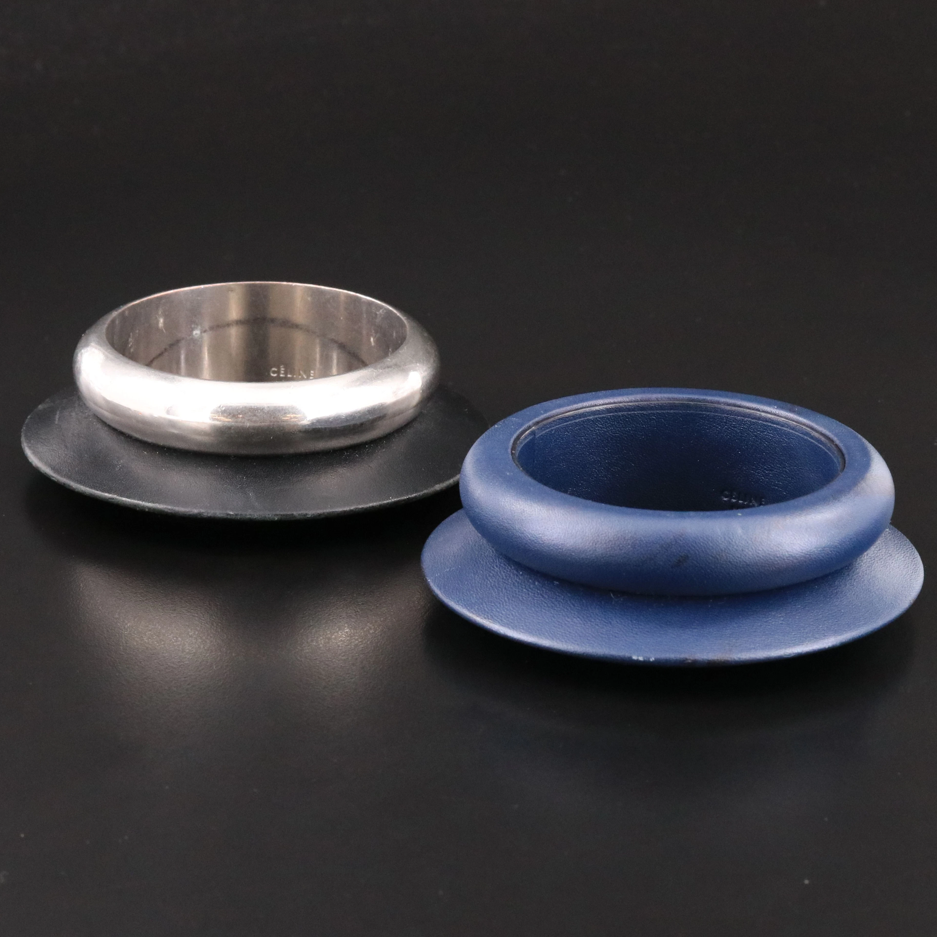 Céline Paris Navy and Black Leather and Metal Bangle Bracelets