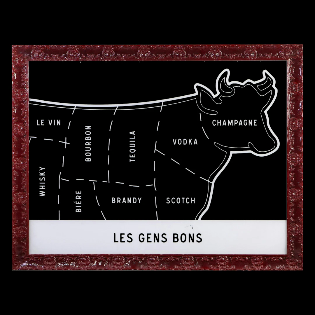 Large Clear Acrylic Glass Cow Diagram with Satirical Decals "Les Gens Bons"