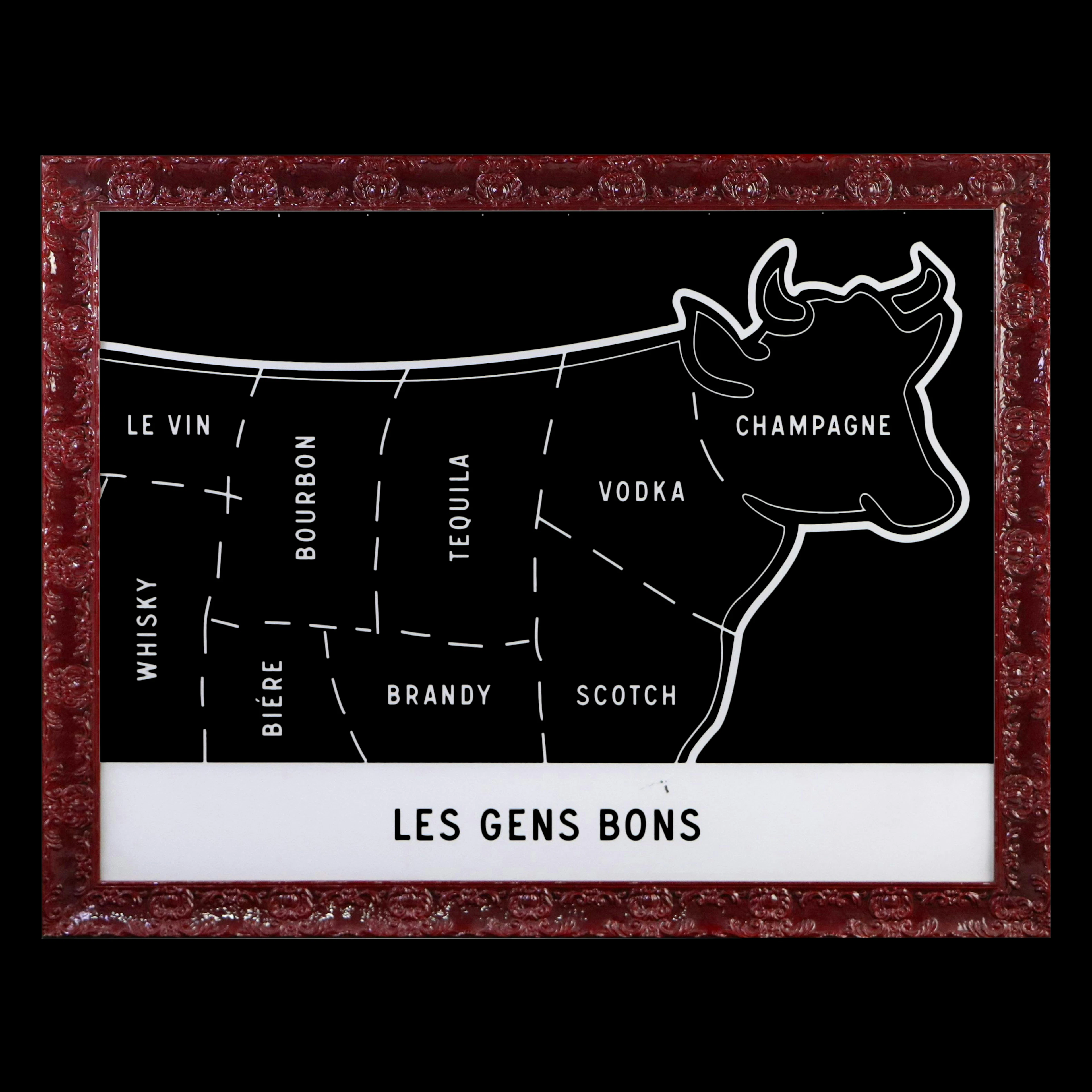 Large Clear Acrylic Glass Cow Diagram with Satirical Decals "Les Gens Bons"
